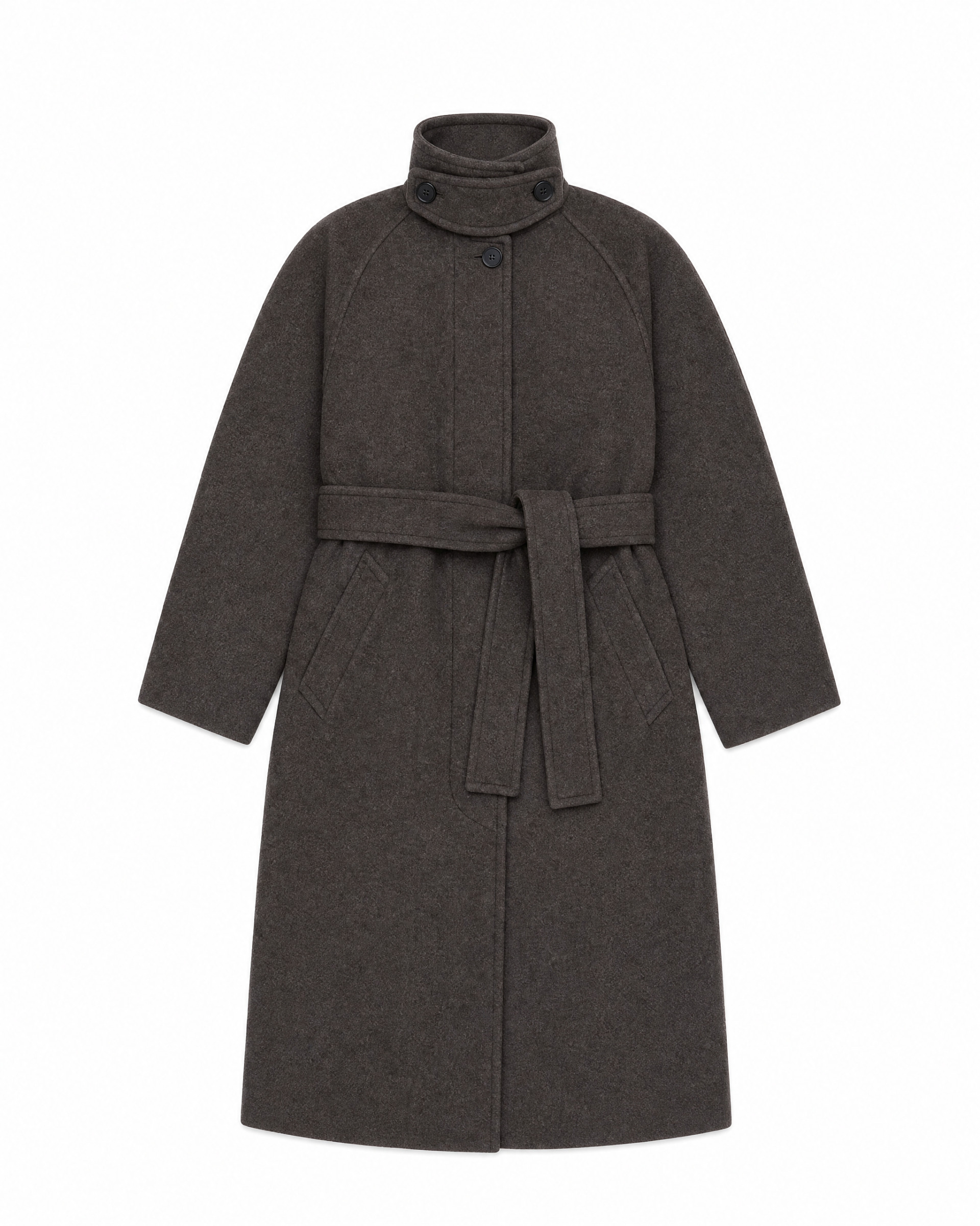 Brown wool-blend coat with a stand-up collar