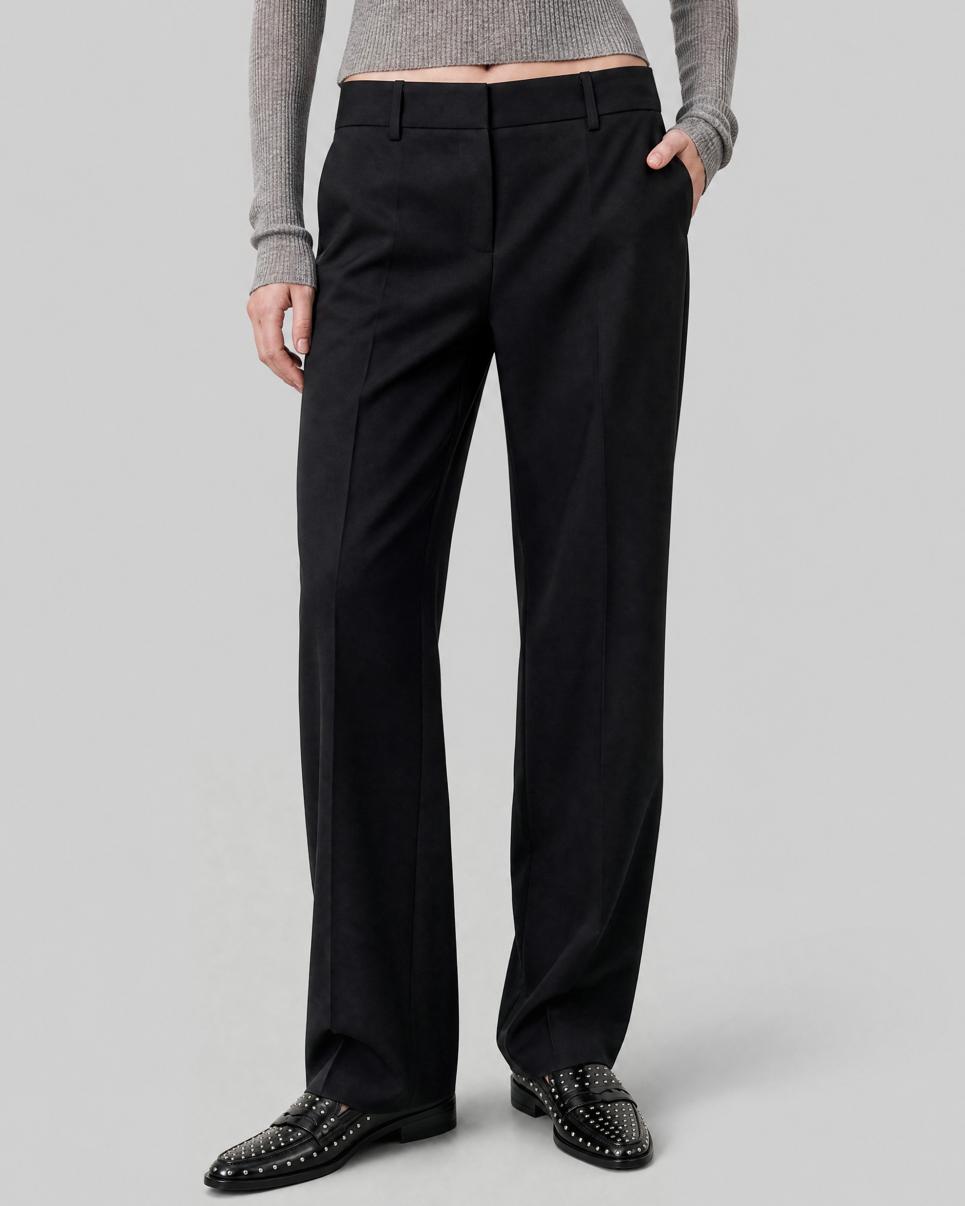 Black, fitted wool suit pants