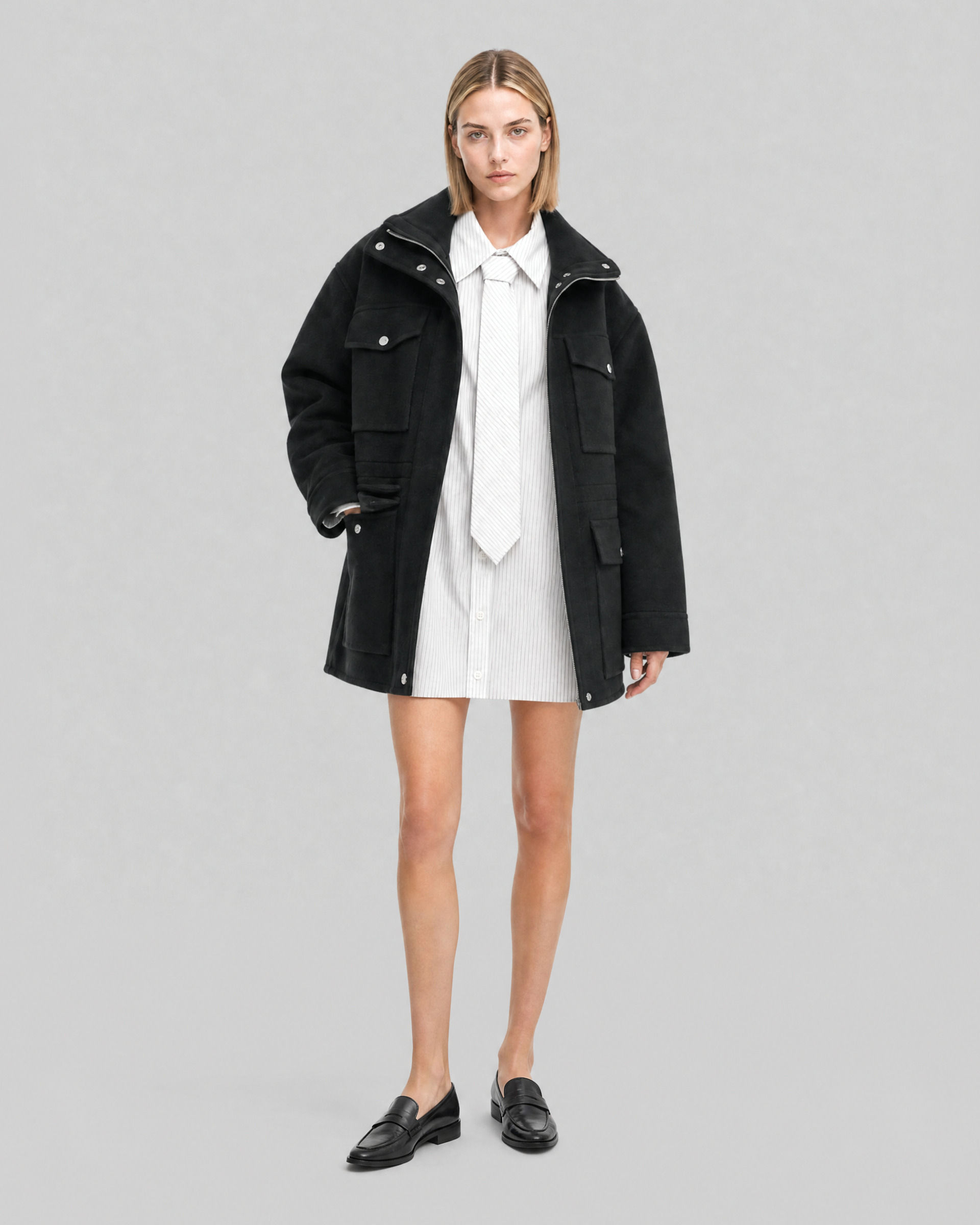 Black Reversible Wool-Blend Coat with High Collar