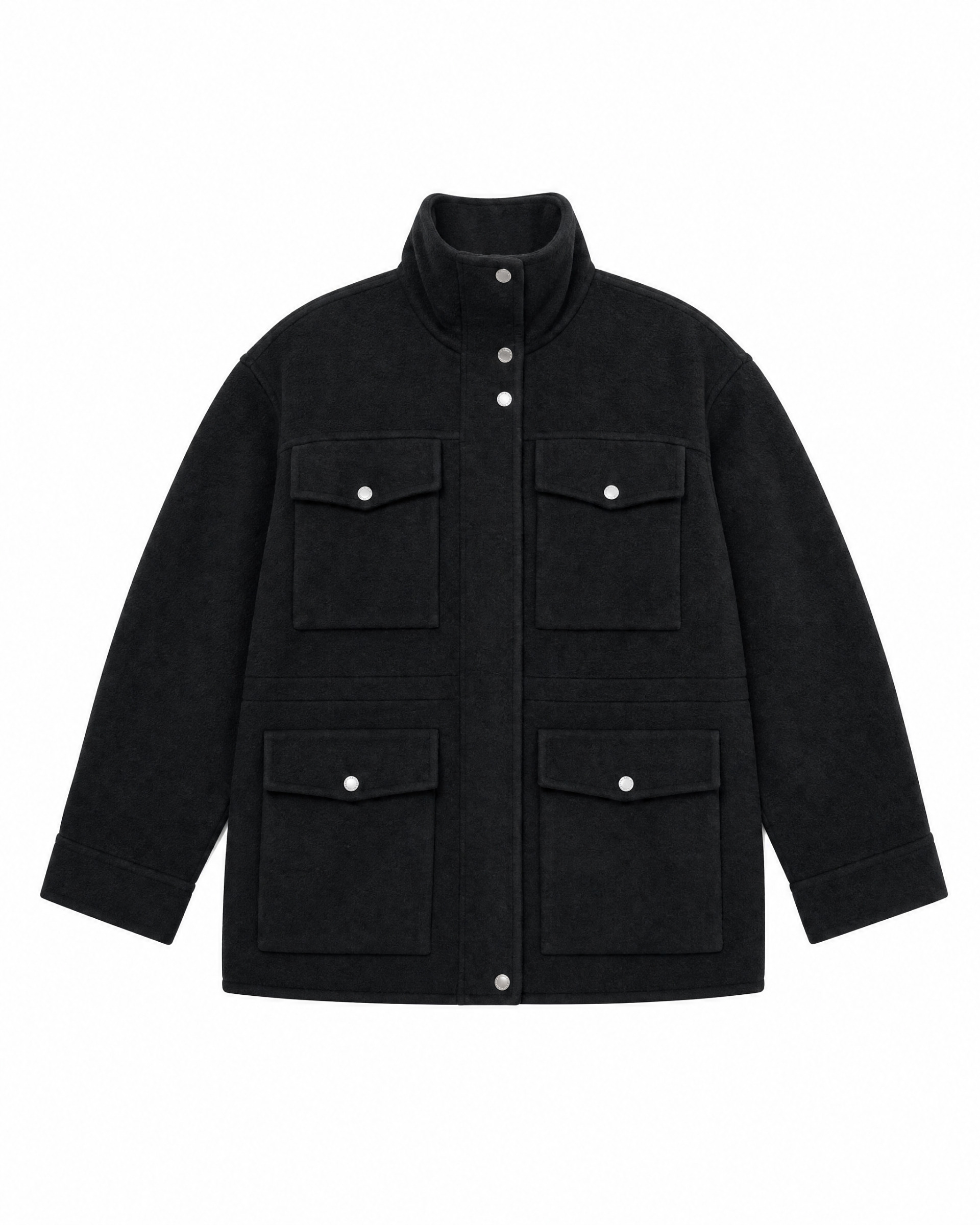 Black Reversible Wool-Blend Coat with High Collar