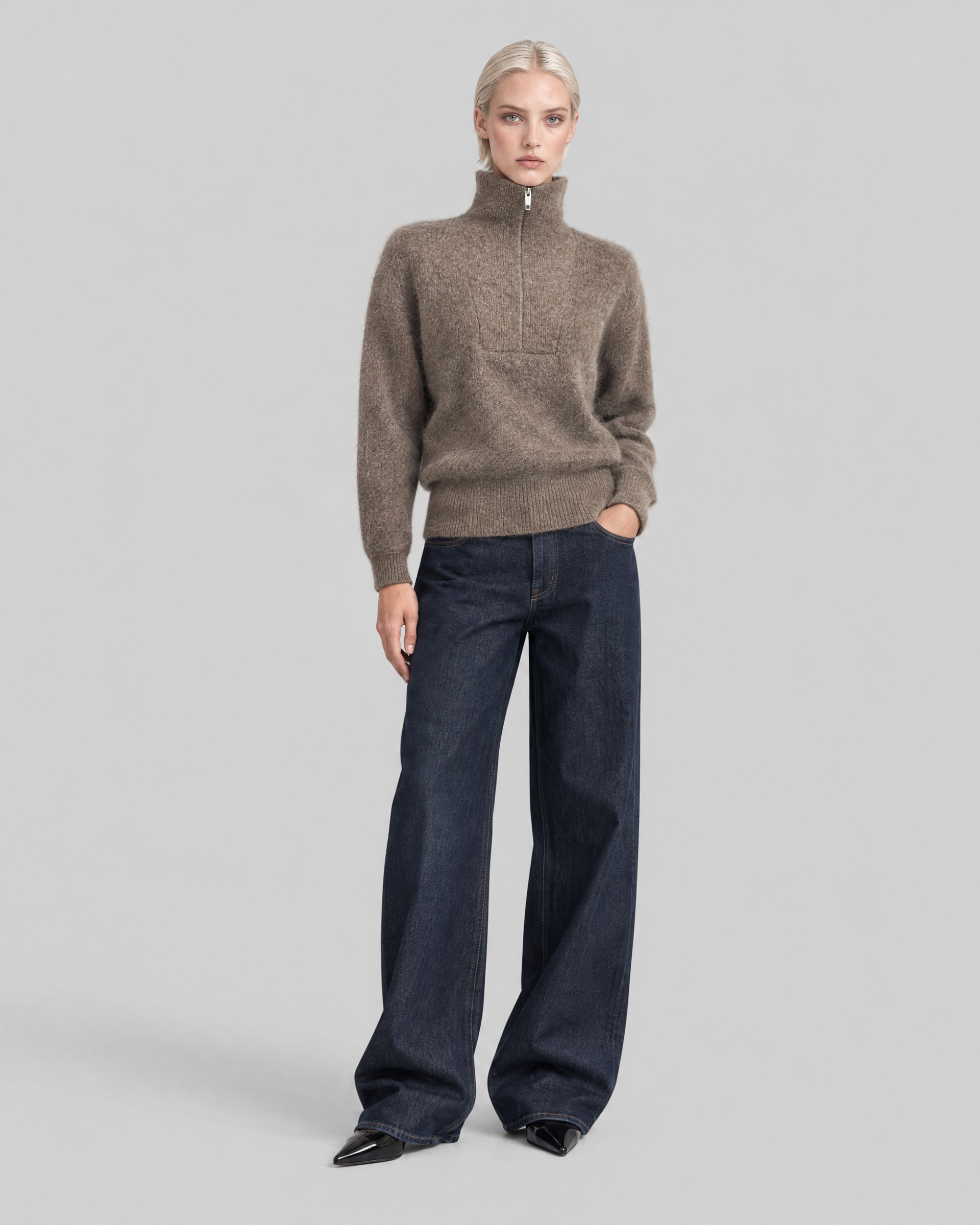 Brown Mohair-Blend Sweater with a Trucker Collar