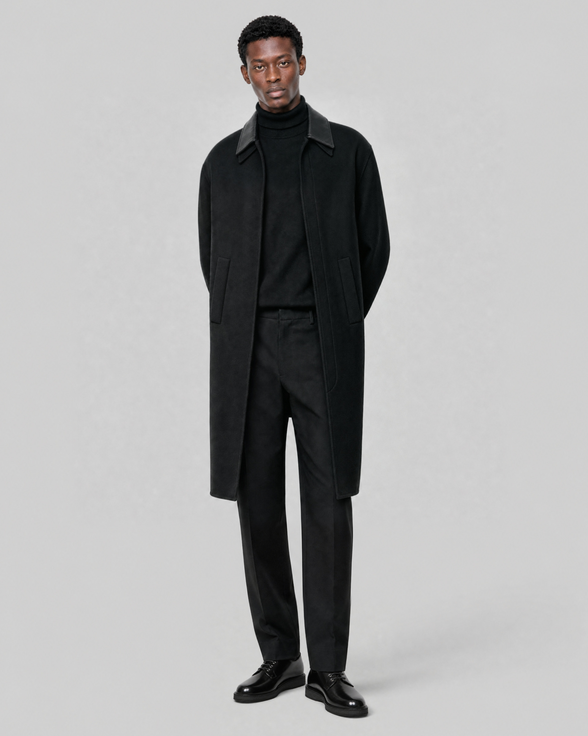 Black Leather-Collar Coat