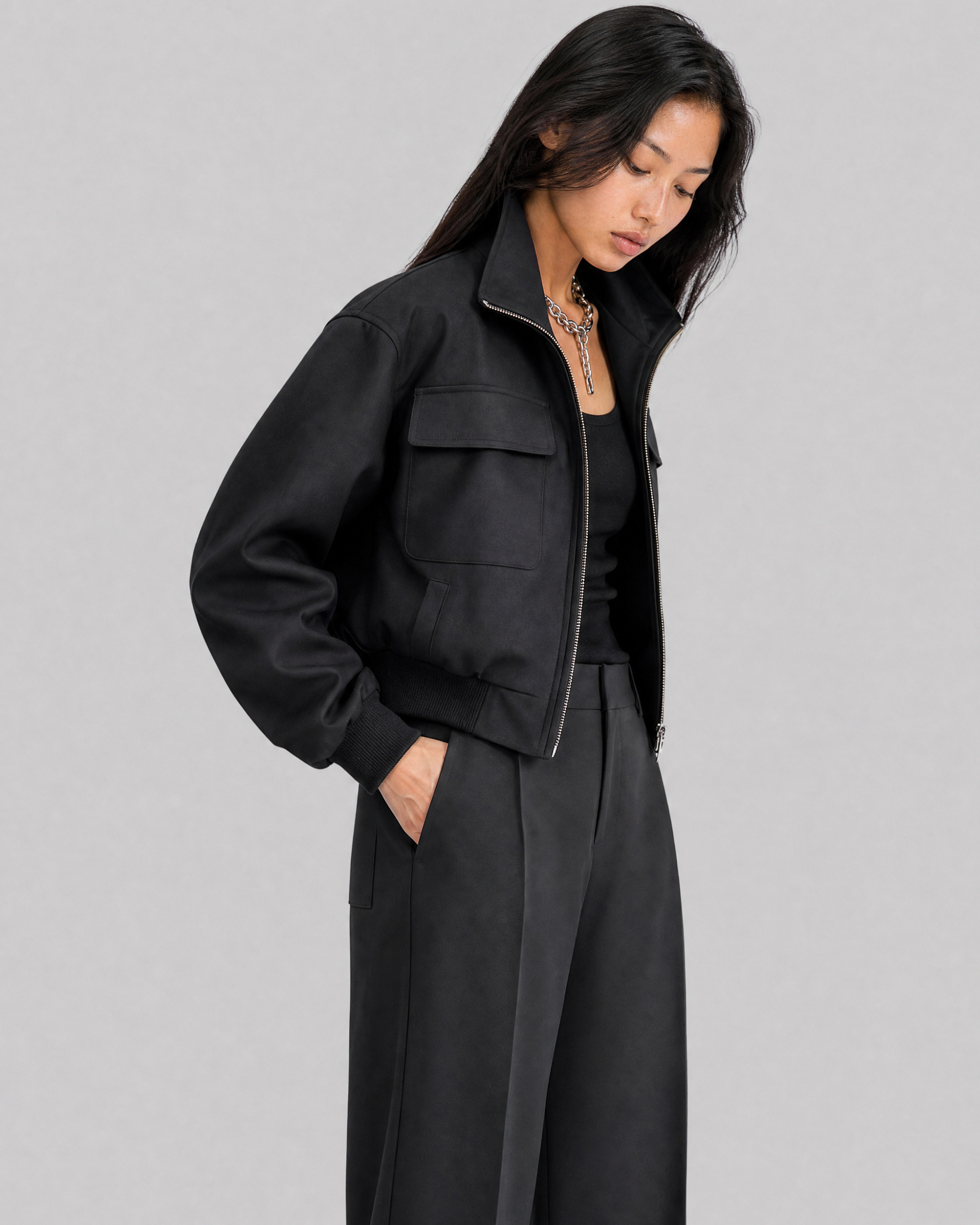 Black wool-blend zip-up jacket