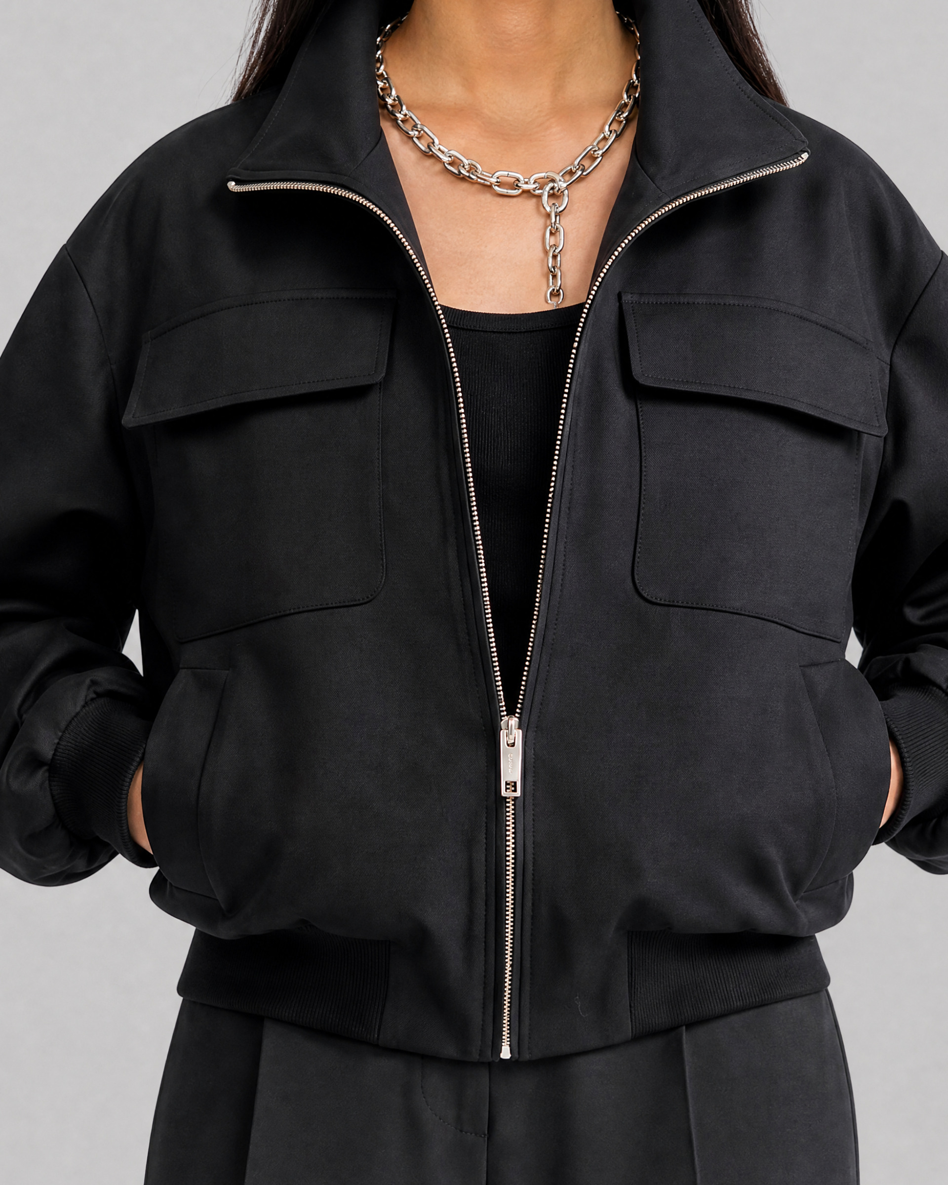 Black wool-blend zip-up jacket