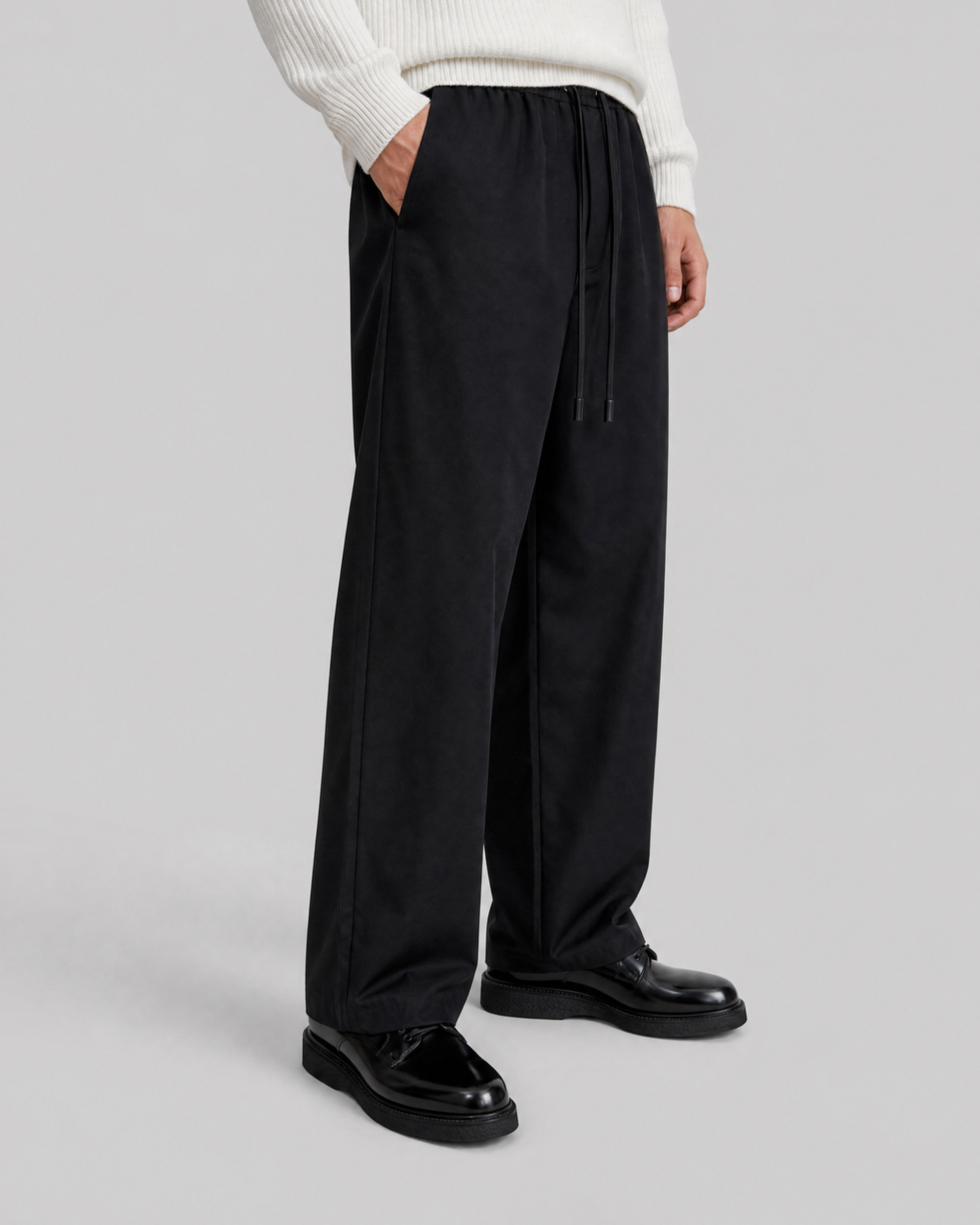 Black straight-leg wool pants