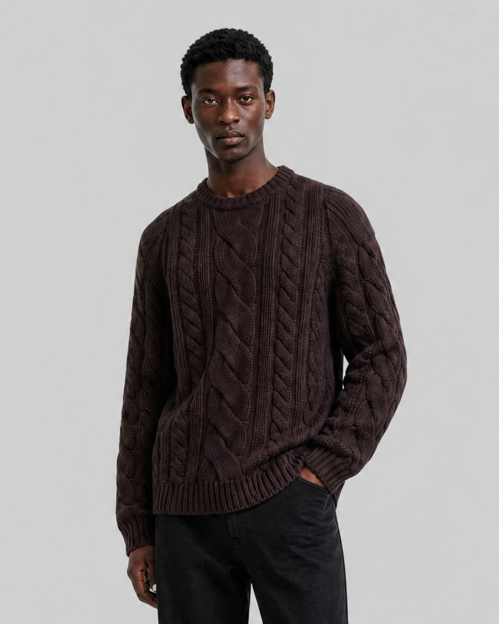 Brown wool cable-knit crew-neck sweater