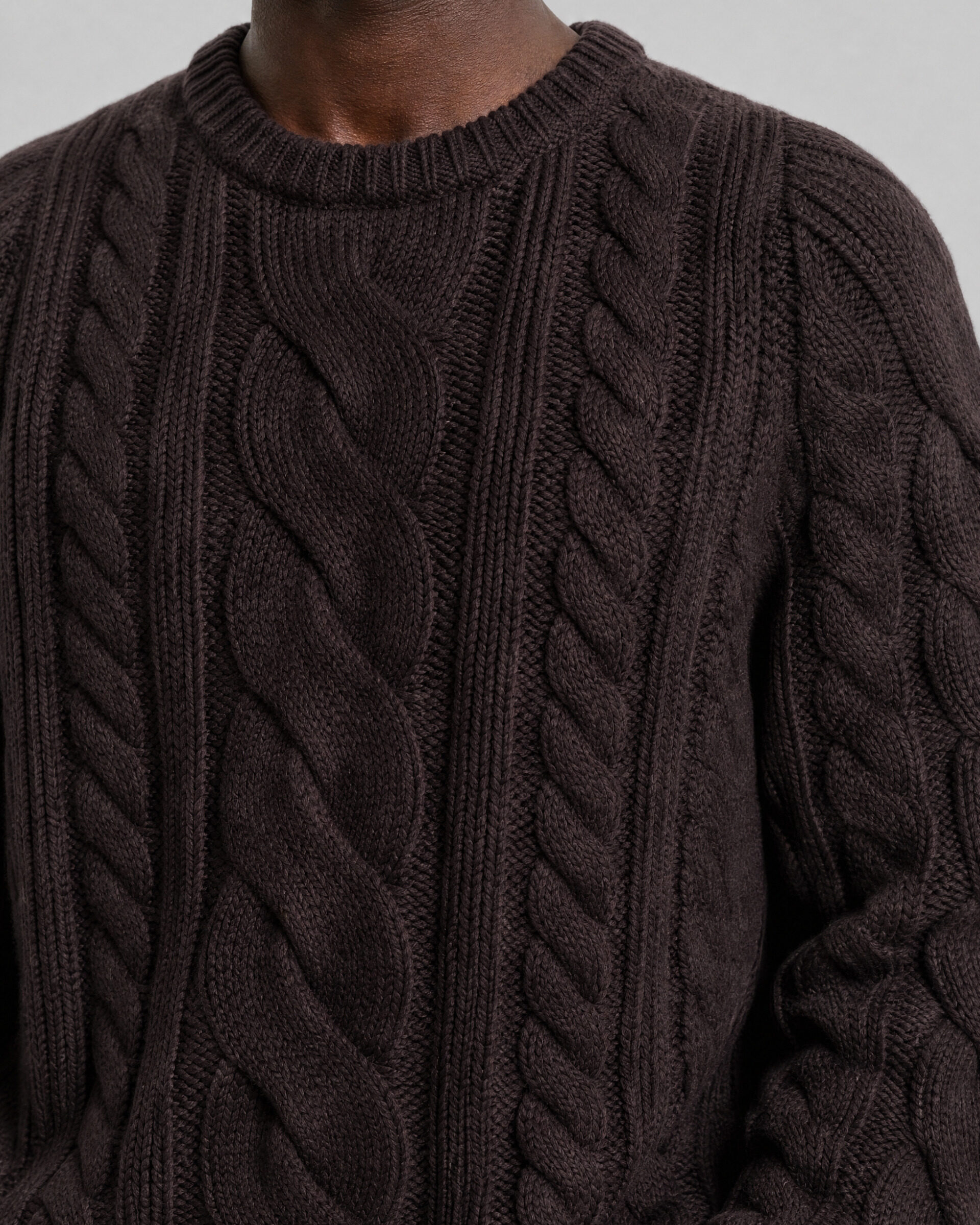 Brown wool cable-knit crew-neck sweater