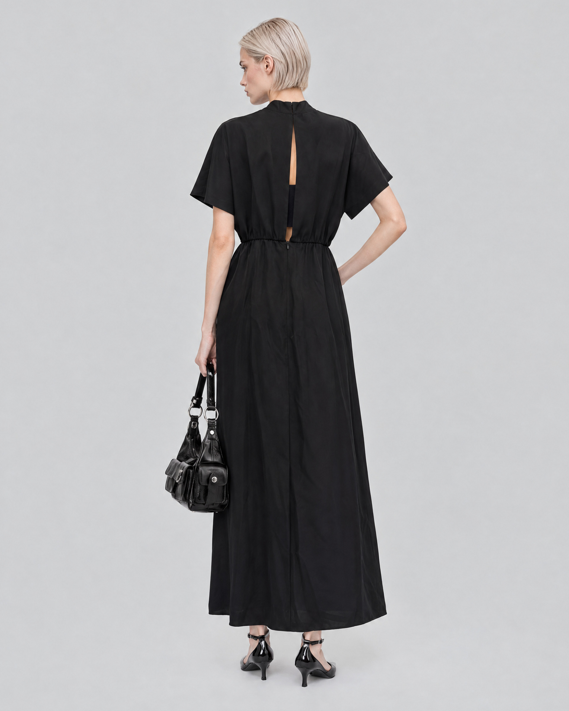 Brown satin maxi dress with a lavallière neckline