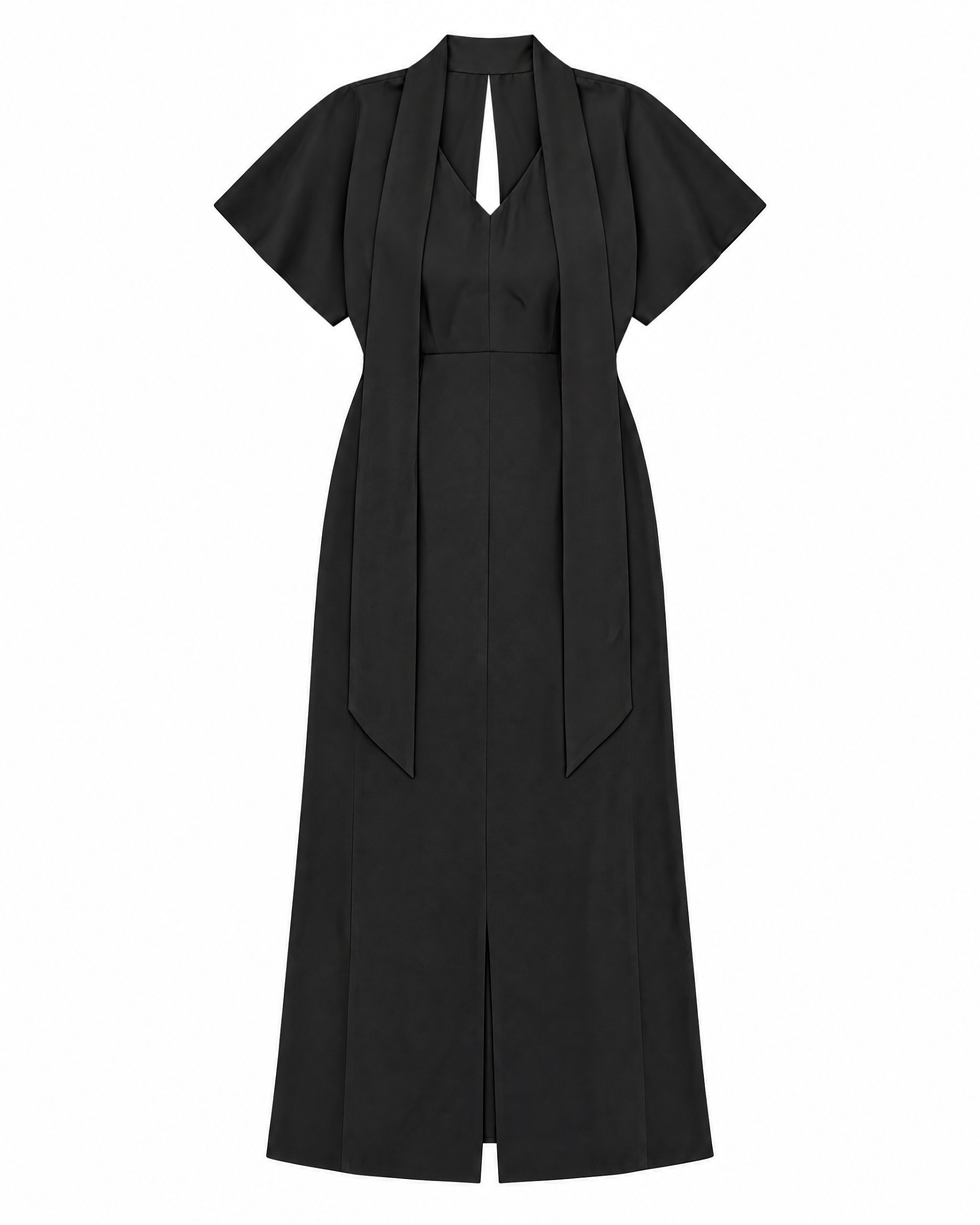 Brown satin maxi dress with a lavallière neckline