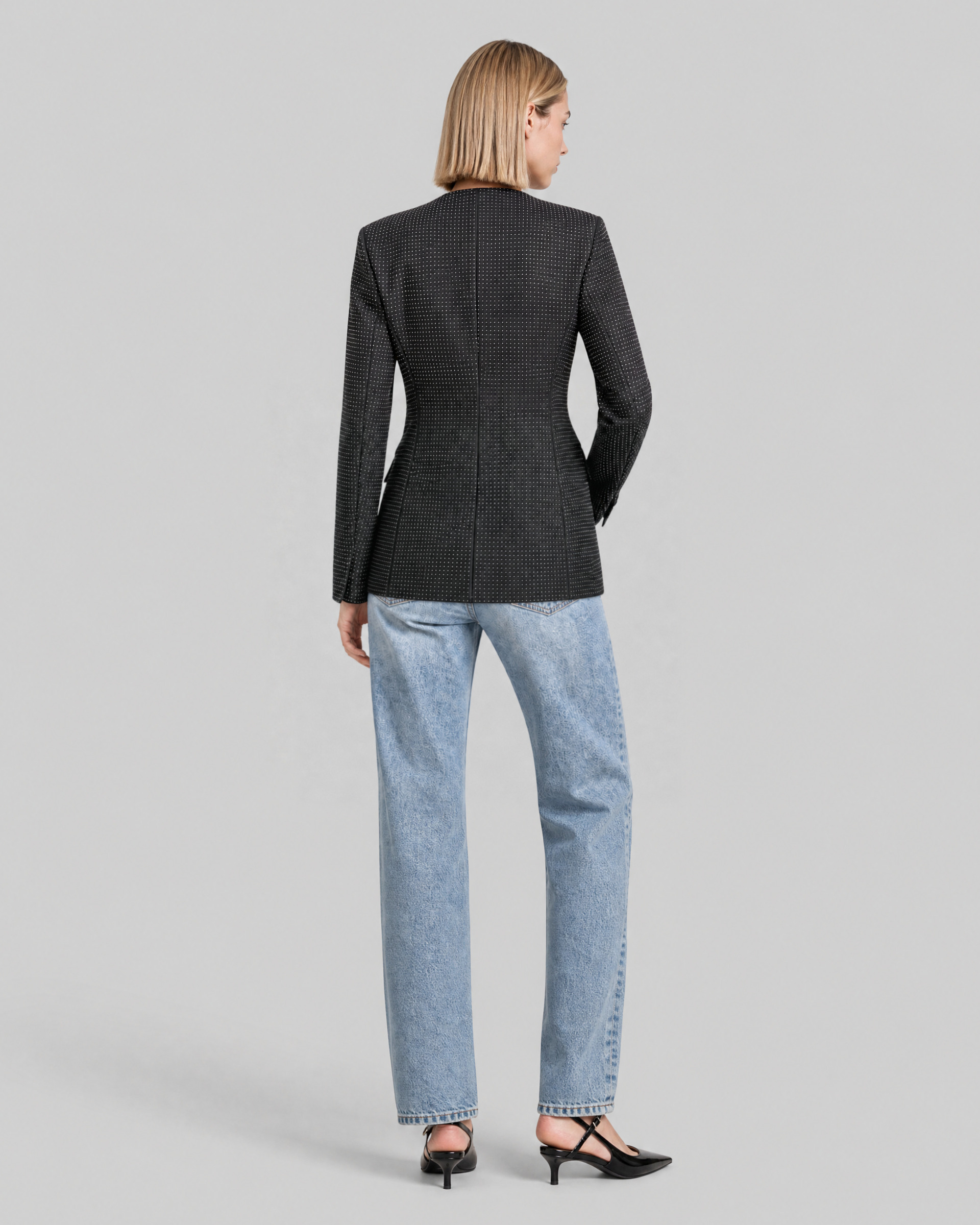 Fitted black wool-blend jacket with rhinestones