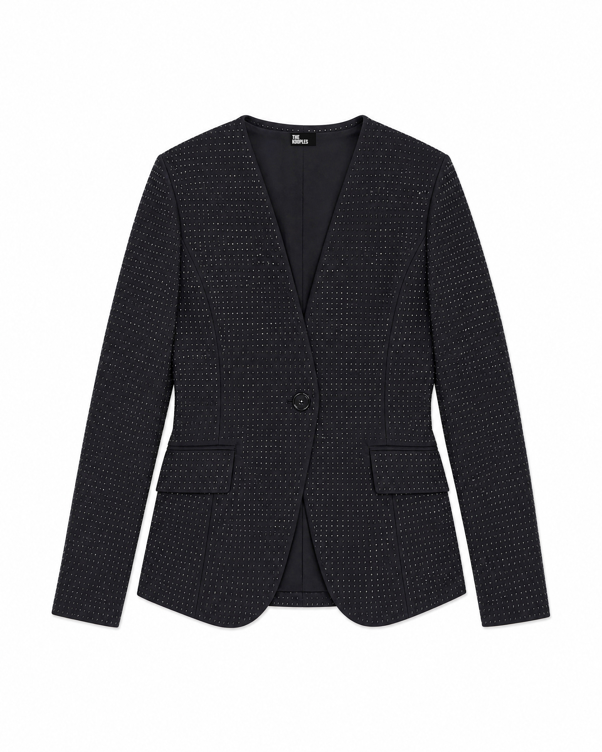 Fitted black wool-blend jacket with rhinestones