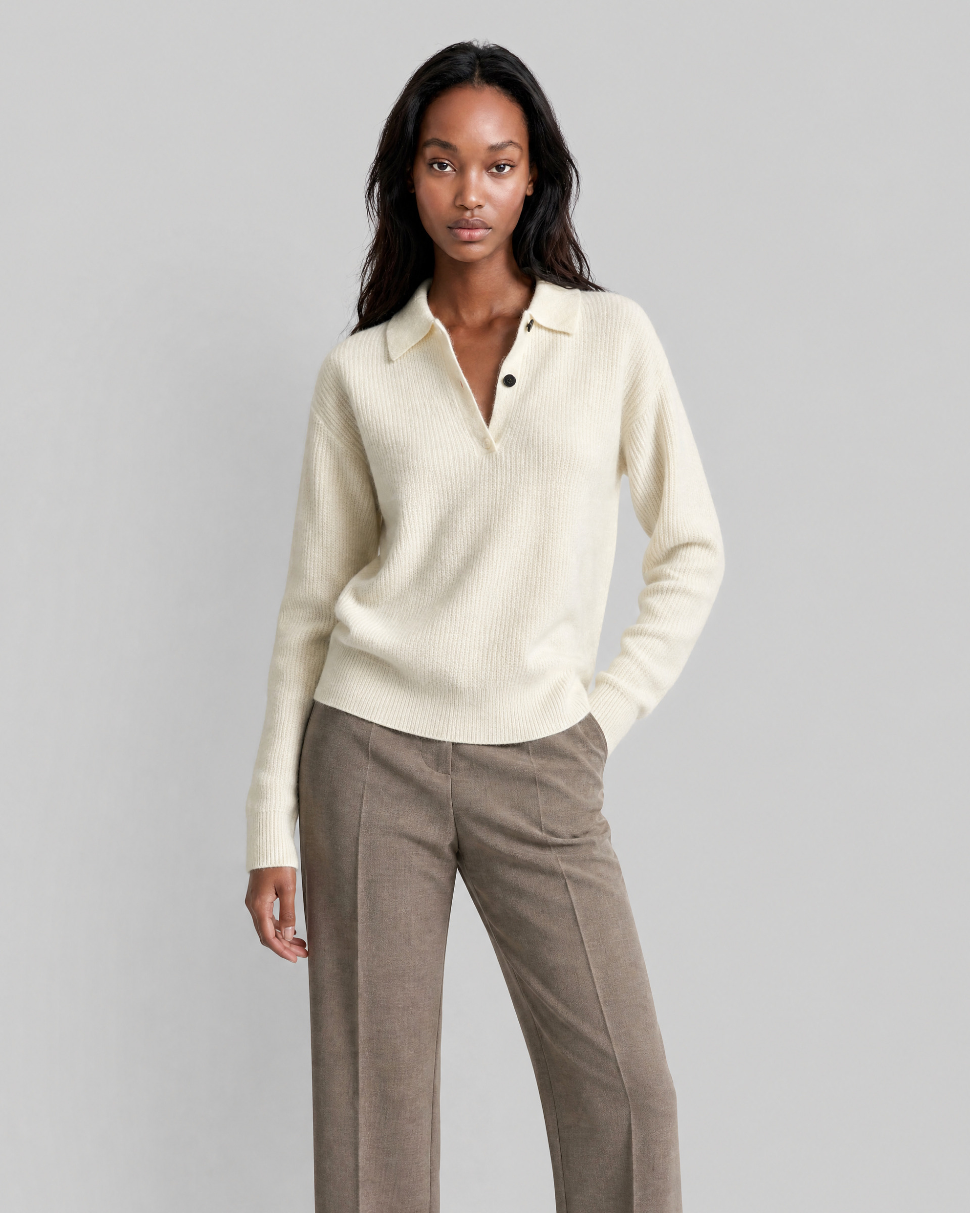 Ecru-colored mohair and wool blend polo-neck sweater