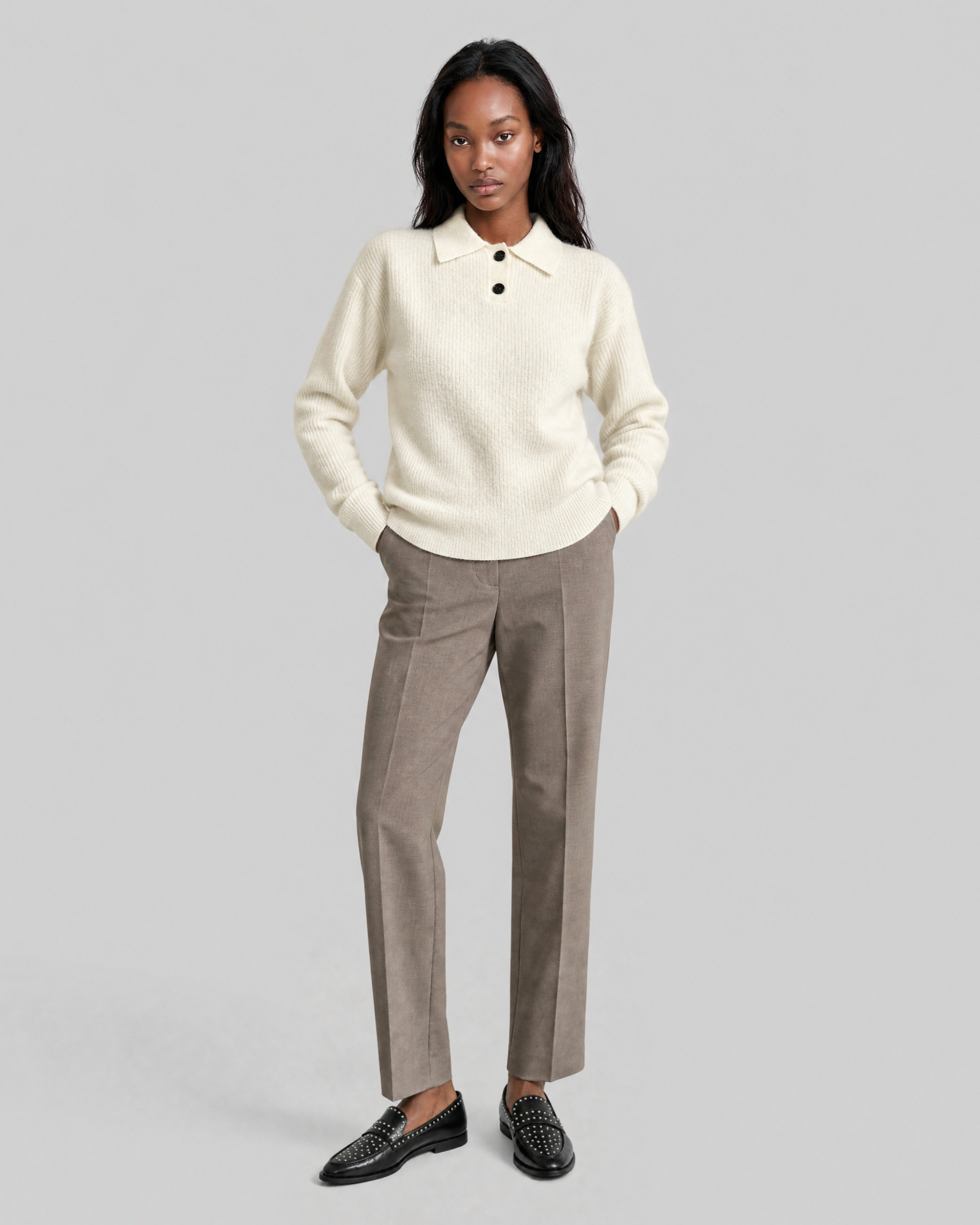 Ecru-colored mohair and wool blend polo-neck sweater