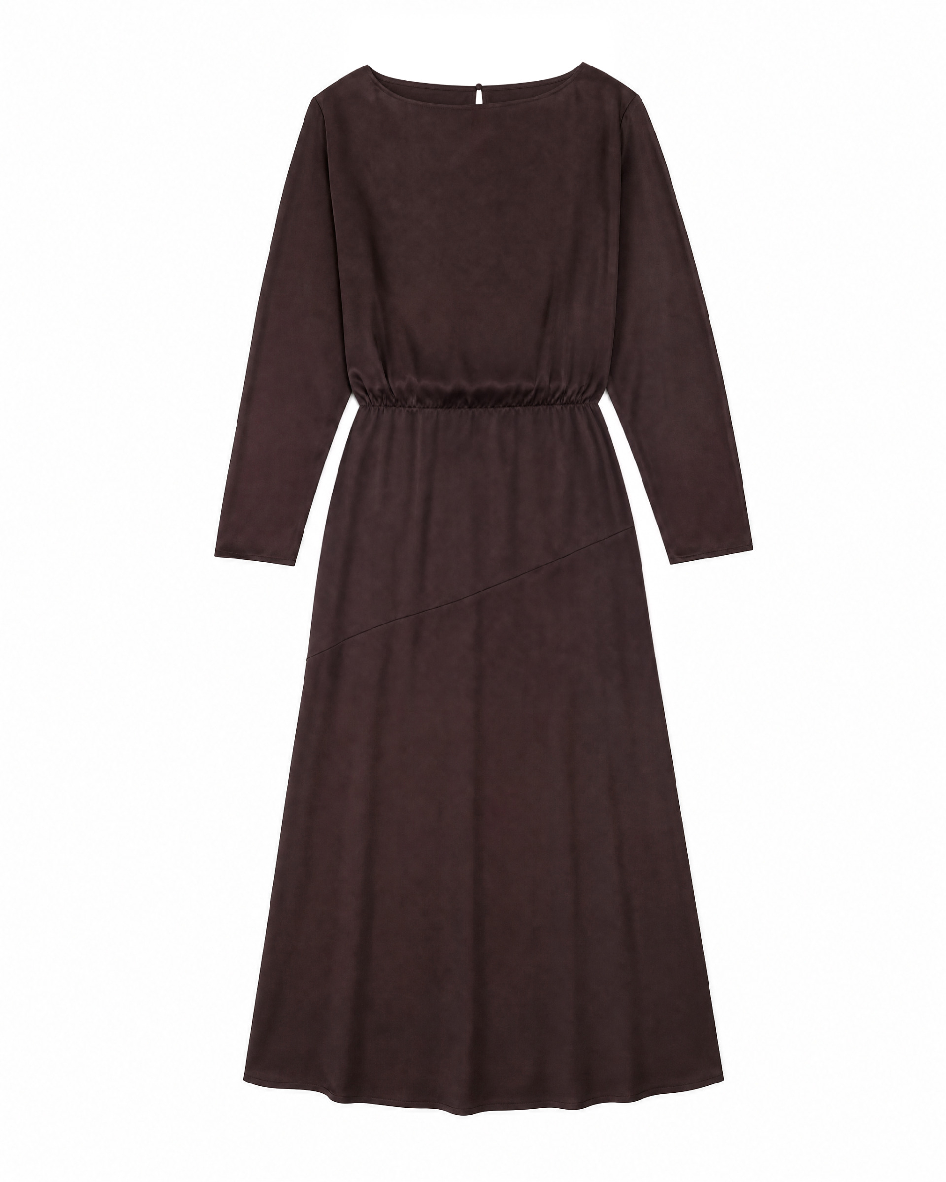 Long satin dress with a brown-gold chain