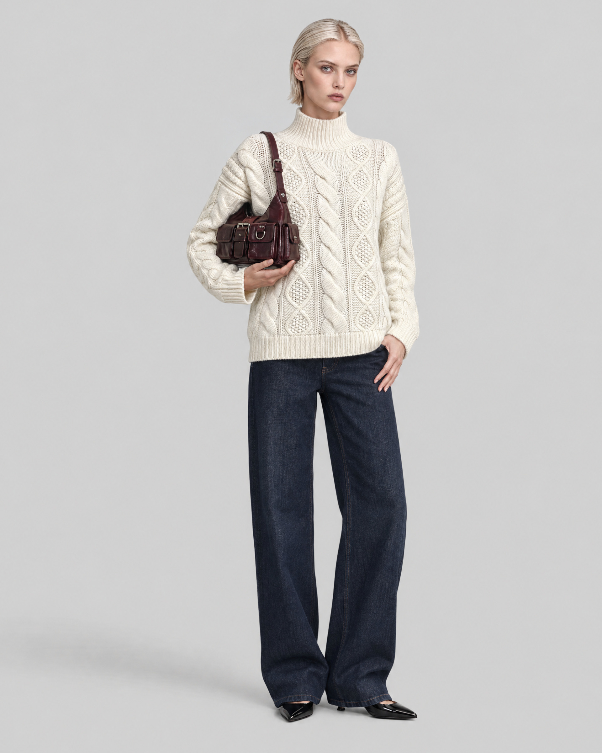 Ecru Merino Wool Cable-Knit Sweater