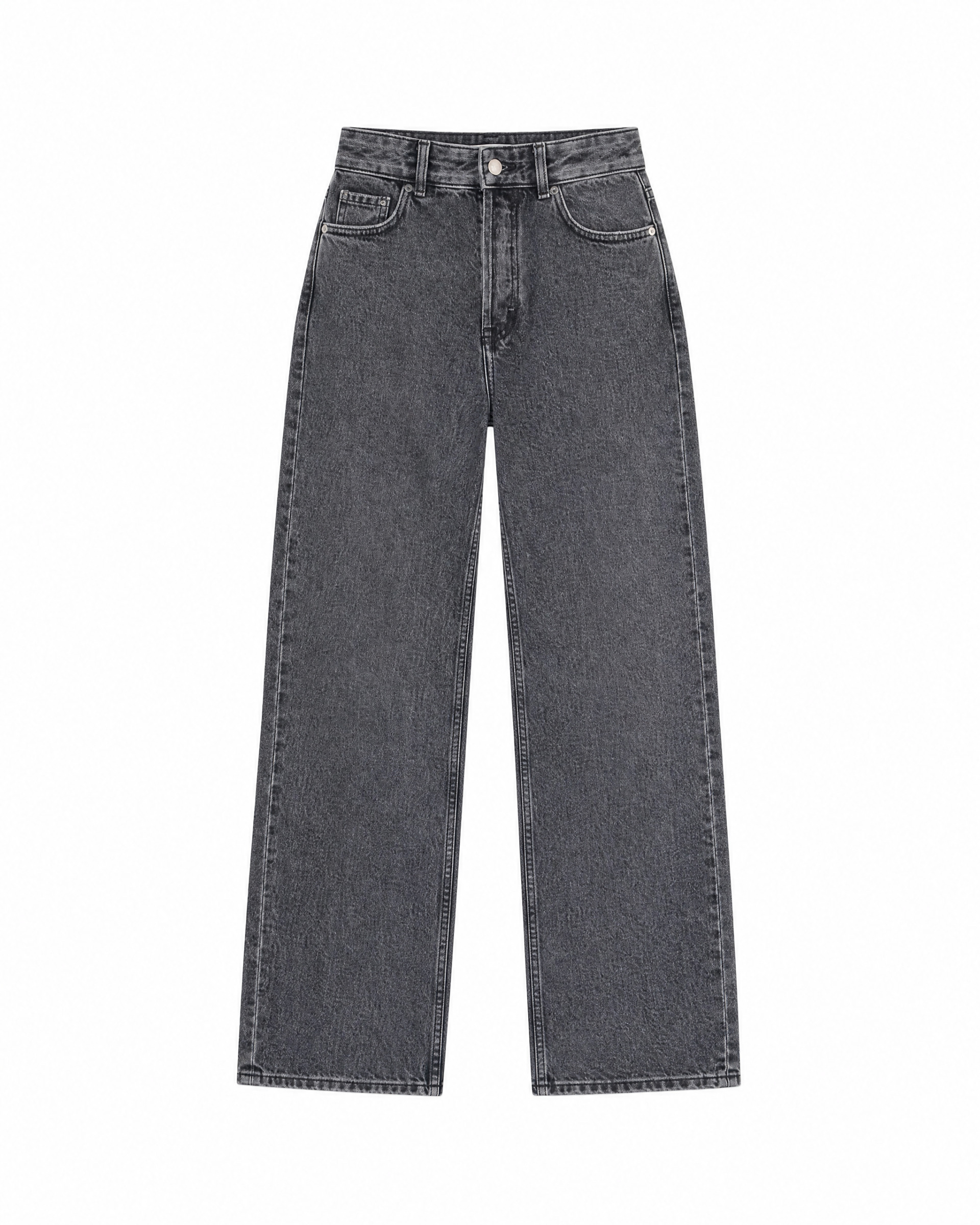 Black straight-leg jeans with a faded wash