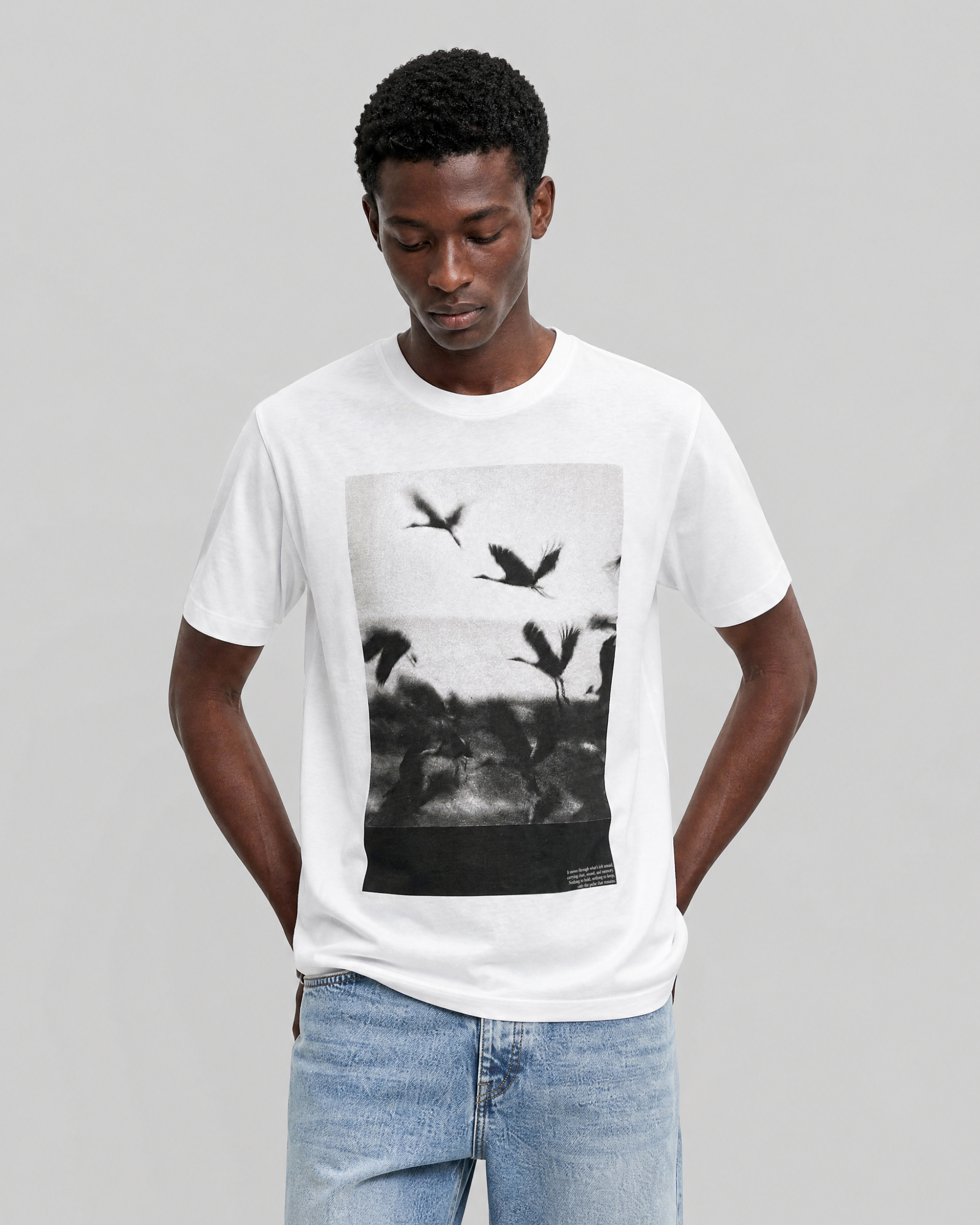 White T-shirt with screen-printed birds
