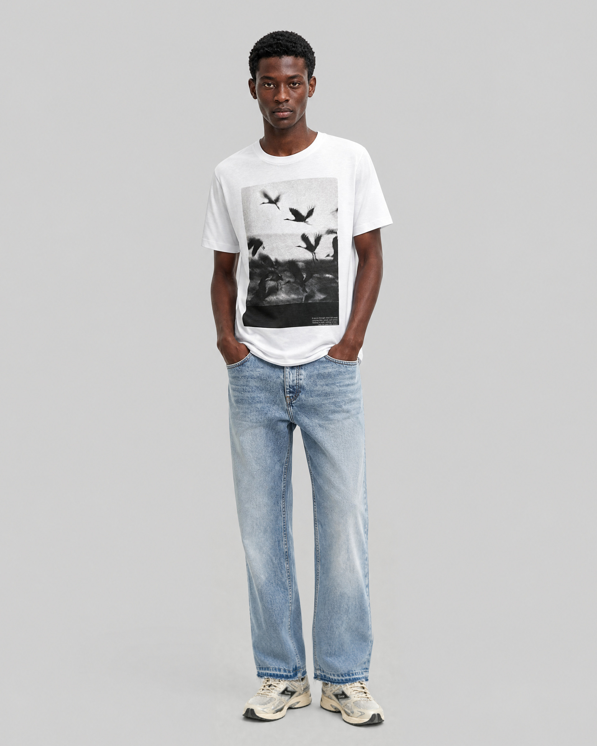White T-shirt with screen-printed birds