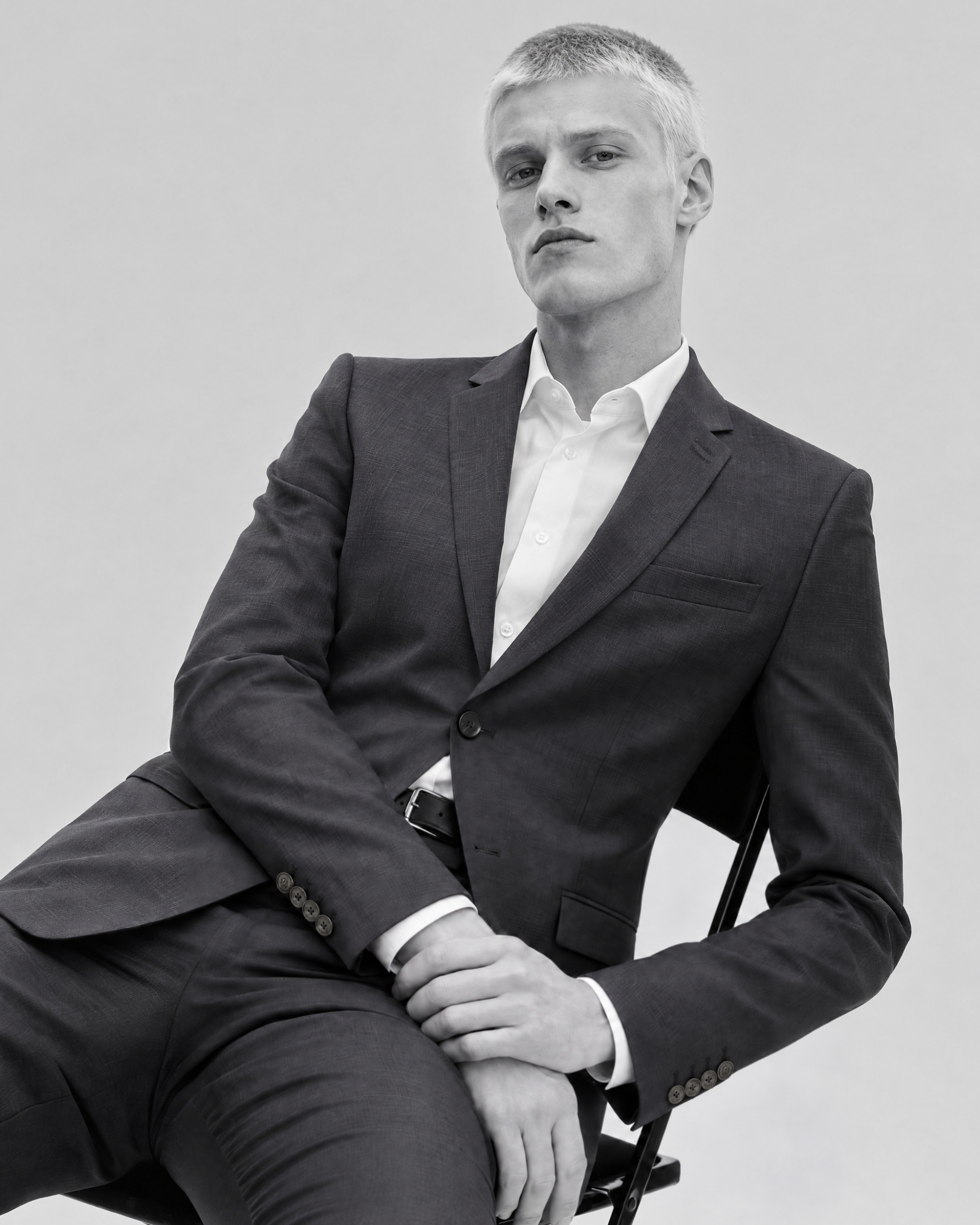 Fitted navy wool tartan suit jacket