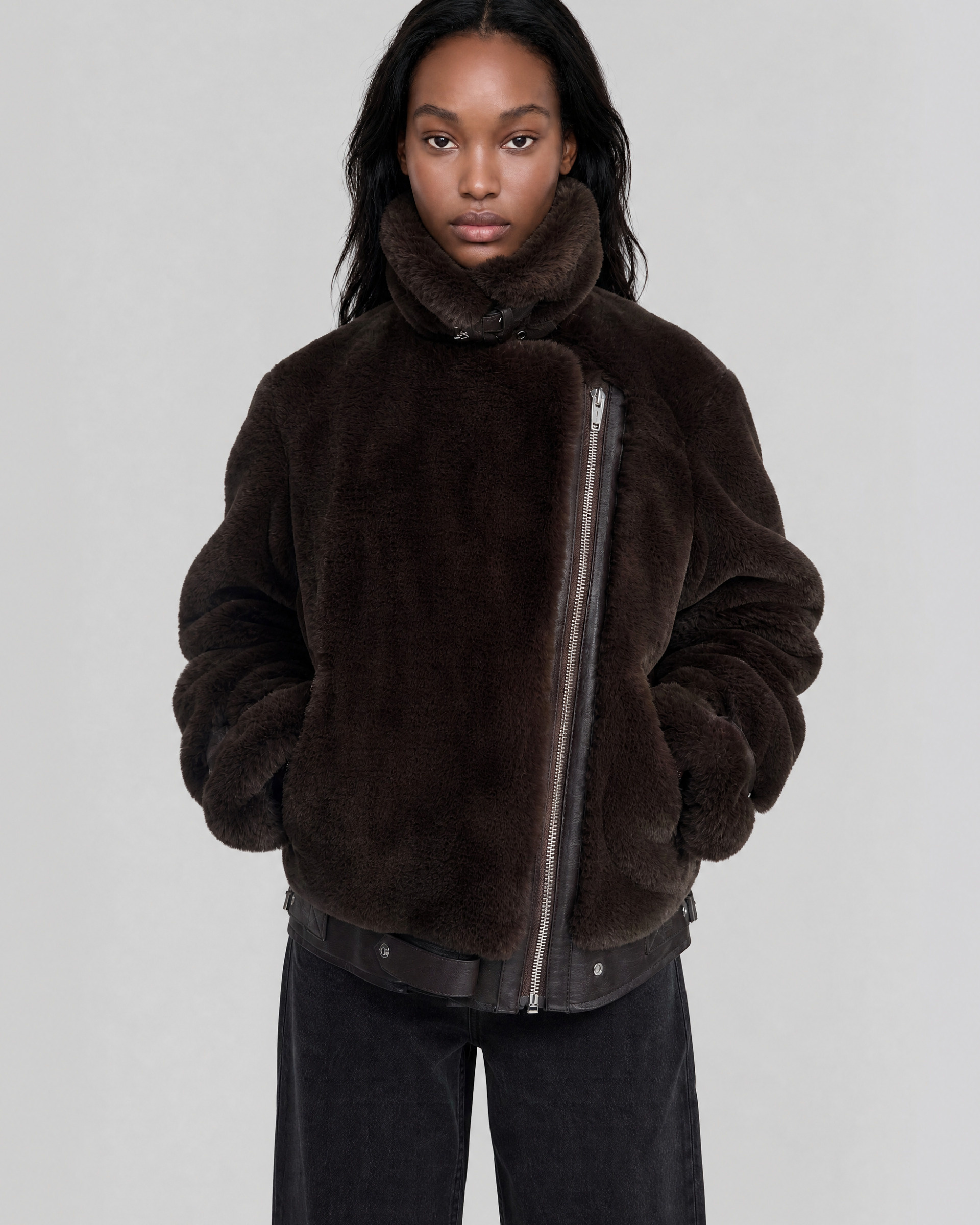 Brown faux fur bomber jacket