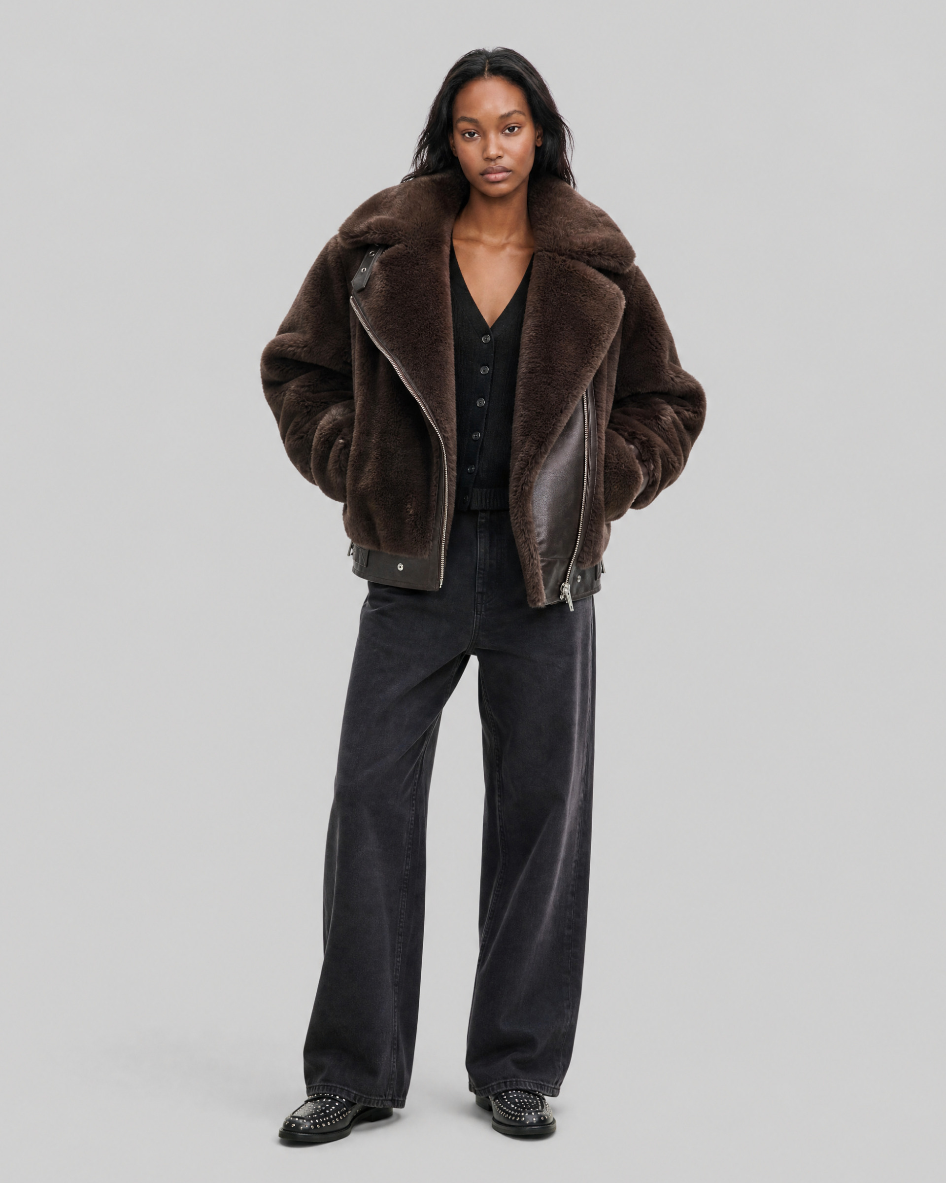 Brown faux fur bomber jacket