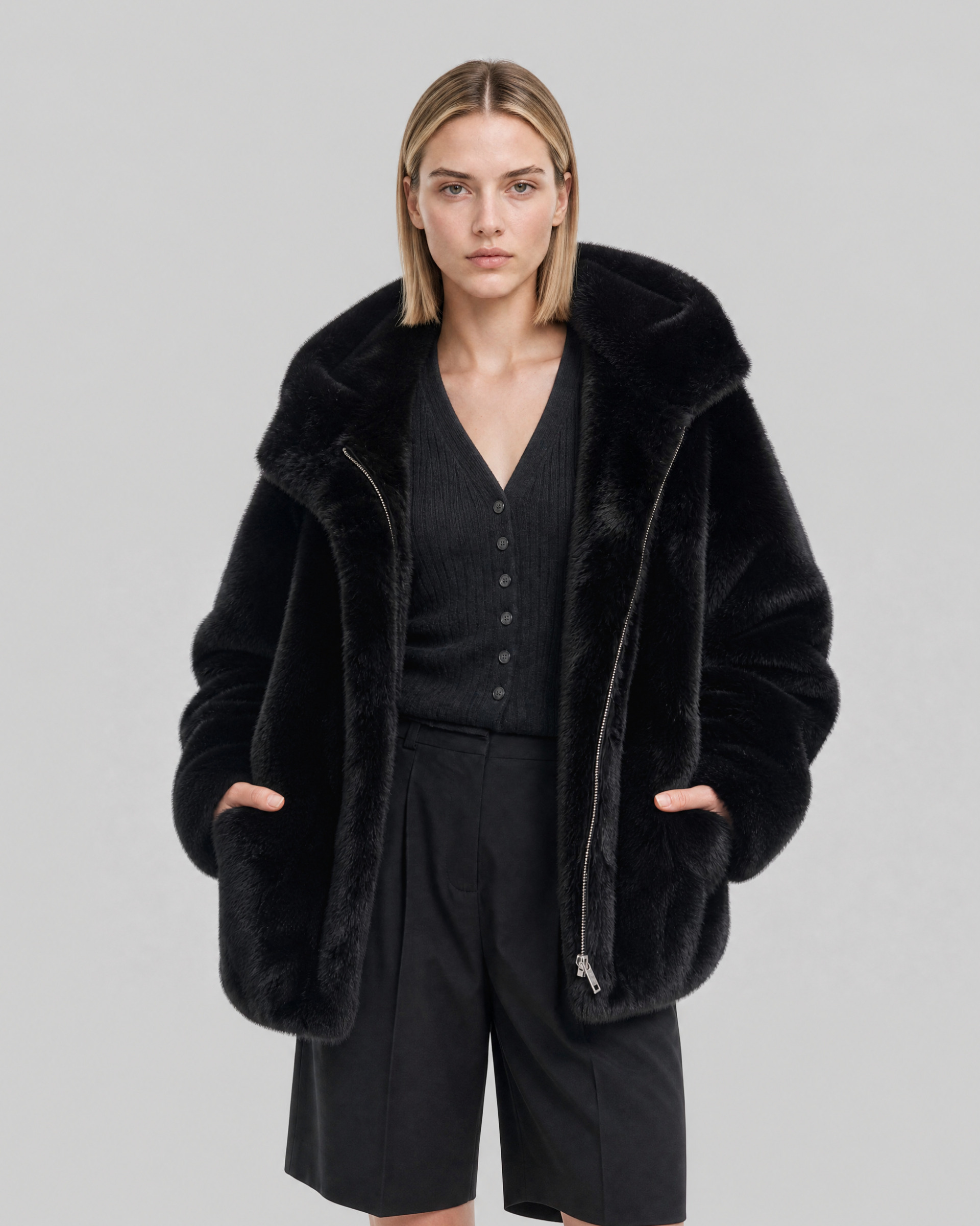 Black faux fur coat with a hood