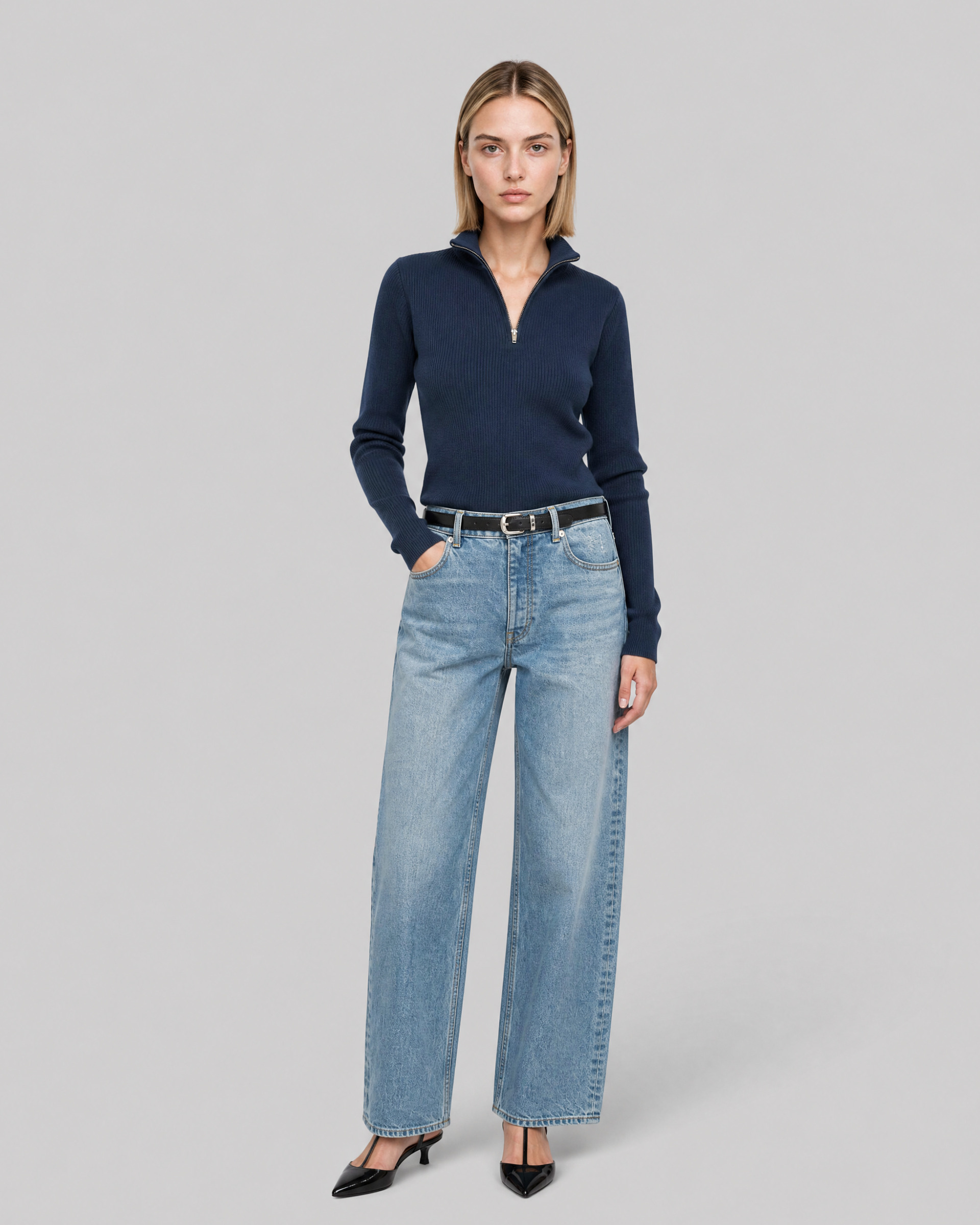 Navy merino wool ribbed sweater