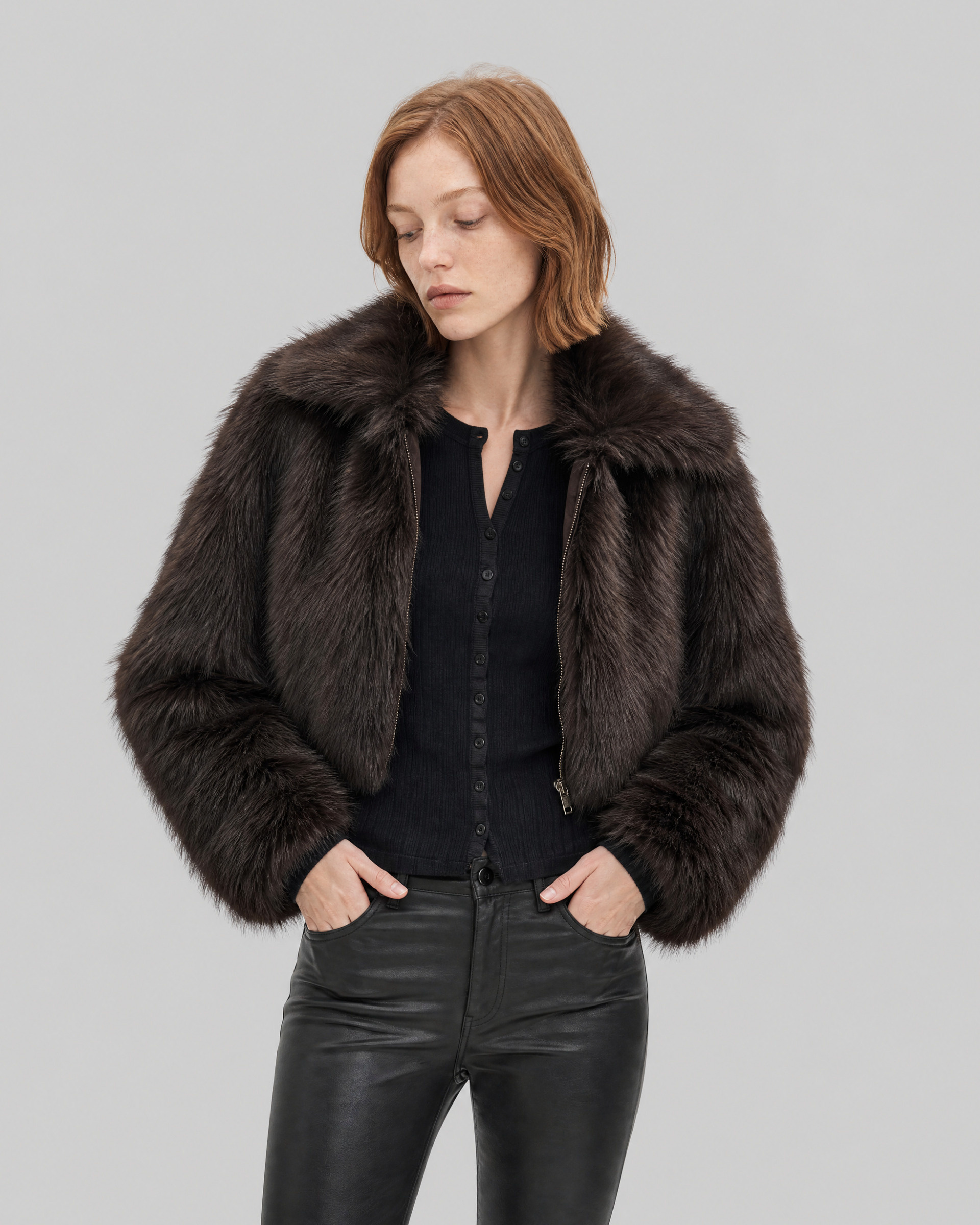 Brown faux fur coat with a zipper