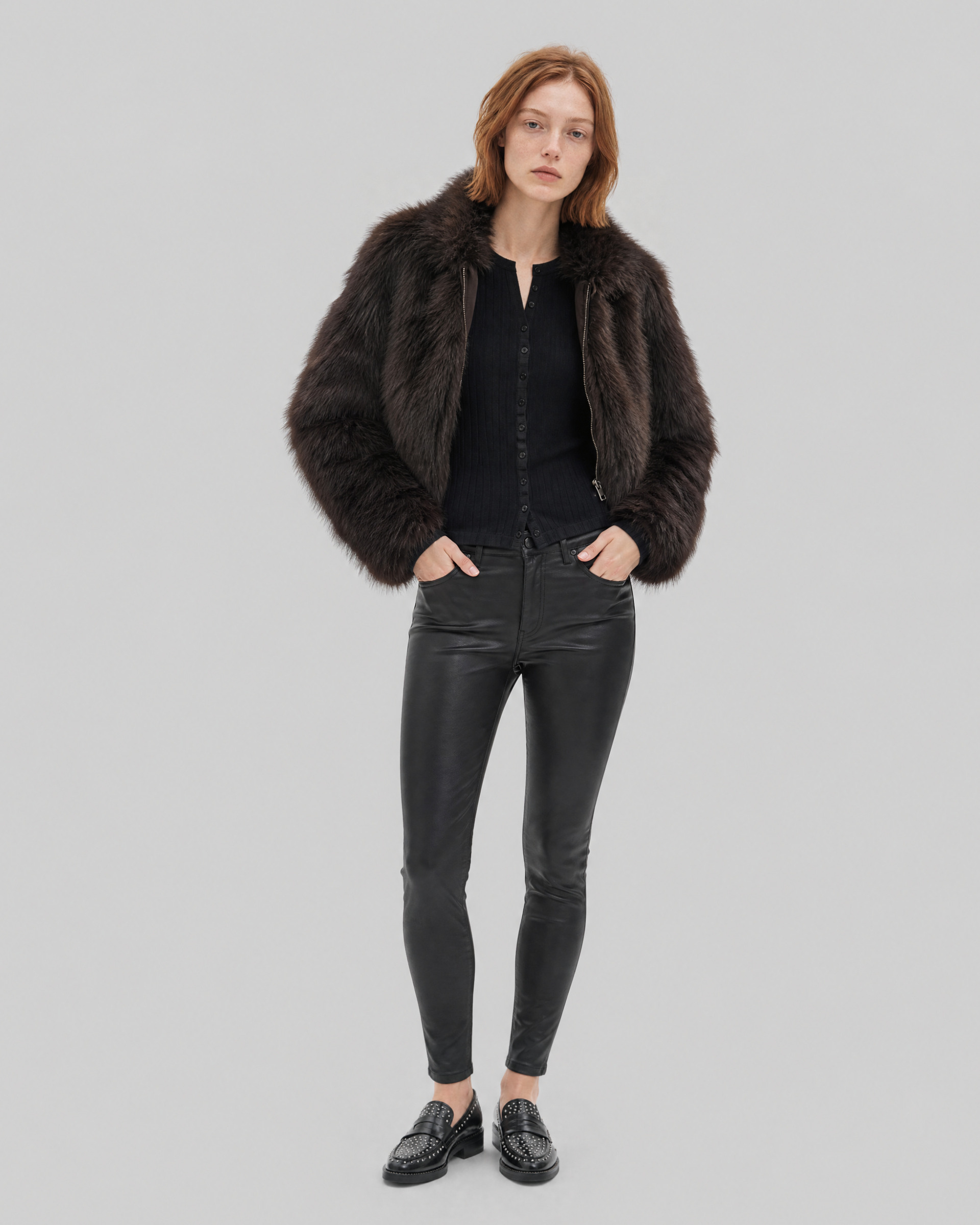 Brown faux fur coat with a zipper