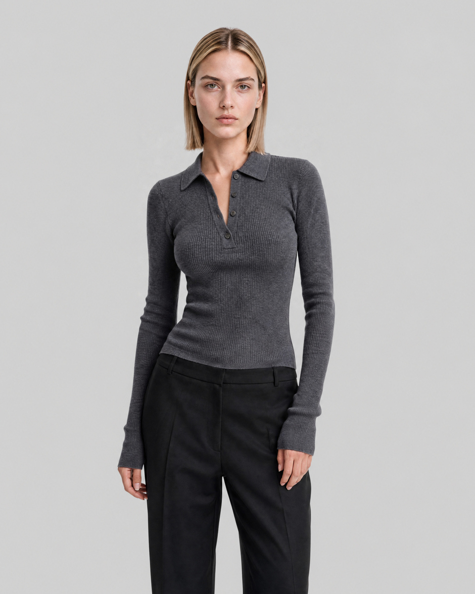 Gray Merino Wool Polo-Neck Sweater