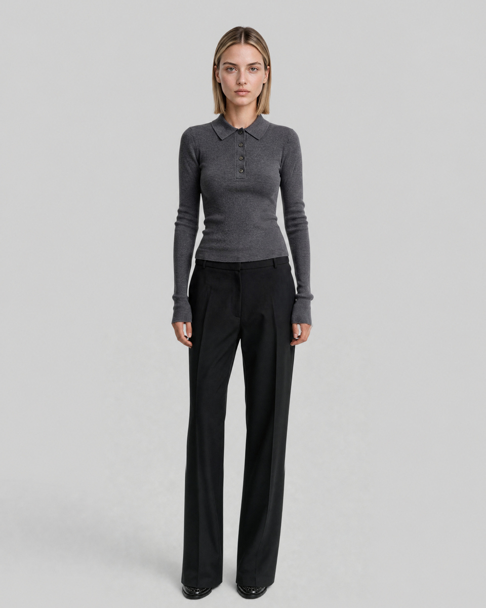 Gray Merino Wool Polo-Neck Sweater