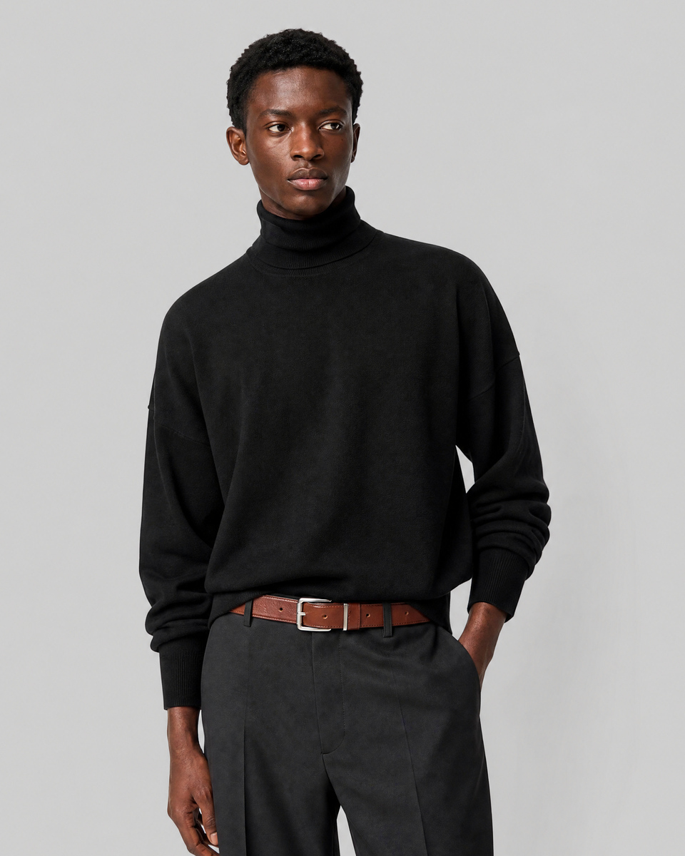 Black Merino Wool Turtleneck Sweater