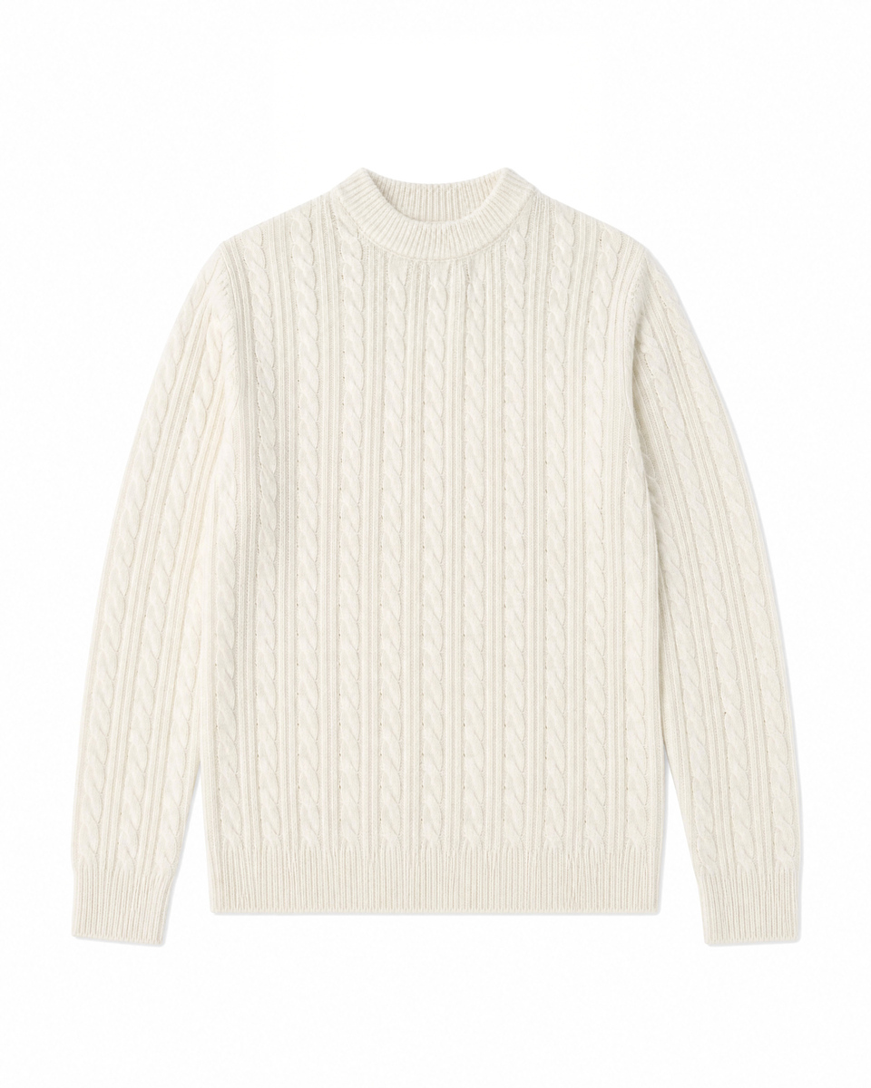 Ecru Wool Cable-Knit Crew Neck Sweater