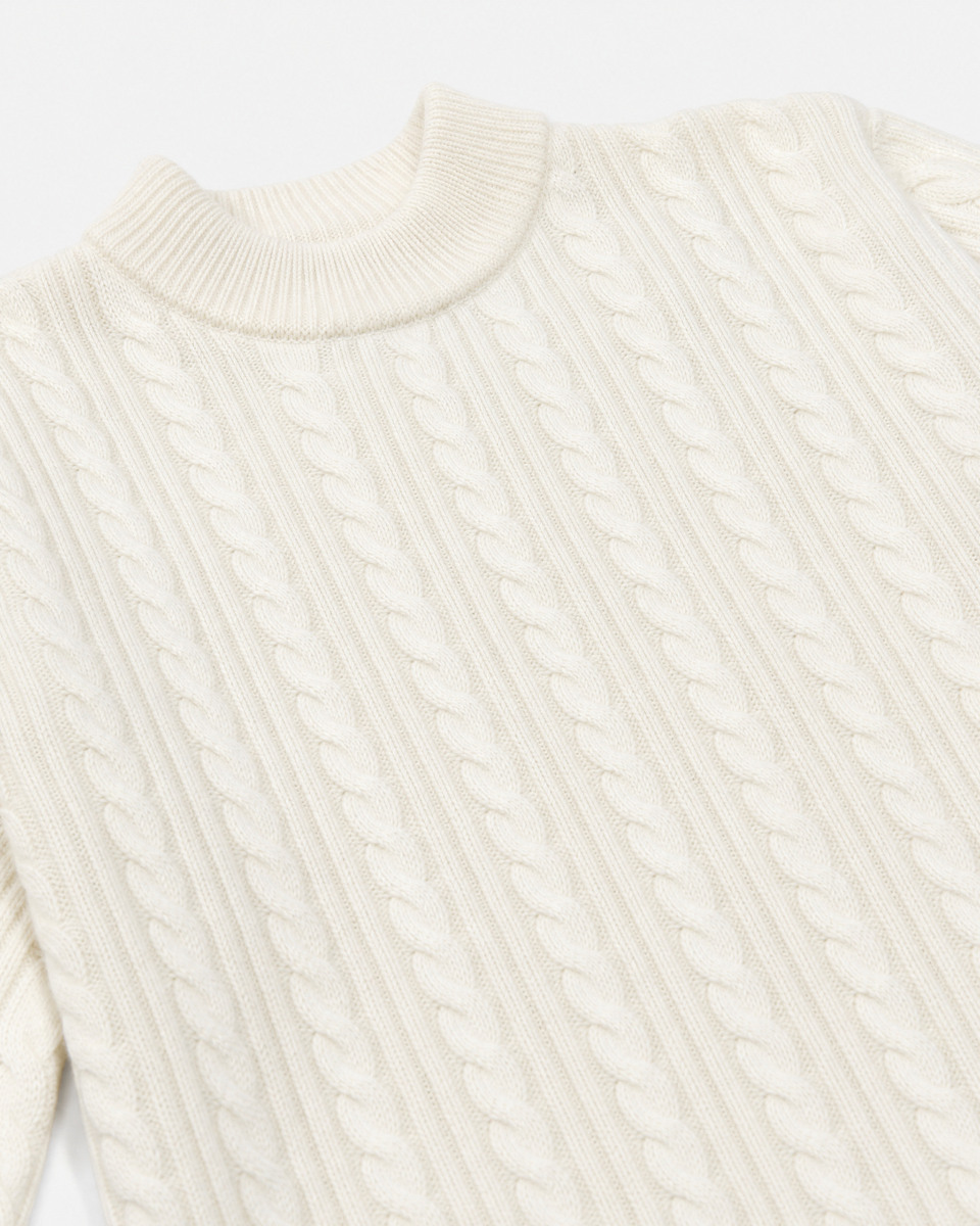 Ecru Wool Cable-Knit Crew Neck Sweater