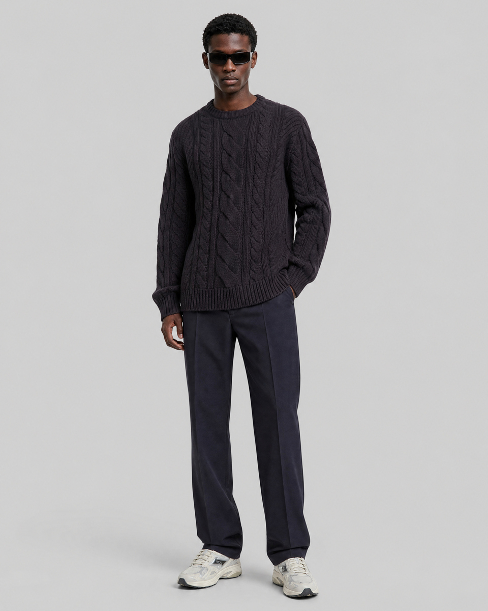 Navy Wool Cable-Knit Crew-Neck Sweater
