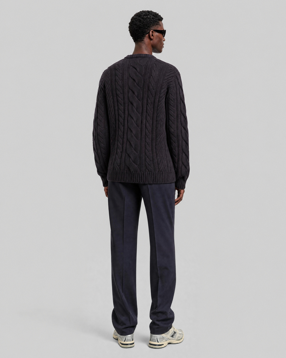 Navy Wool Cable-Knit Crew-Neck Sweater