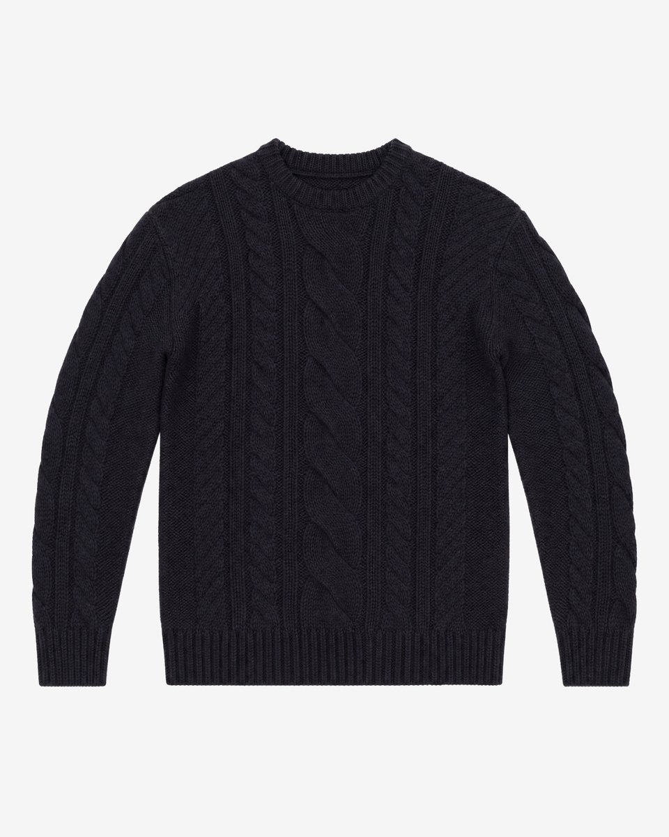 Navy Wool Cable-Knit Crew-Neck Sweater