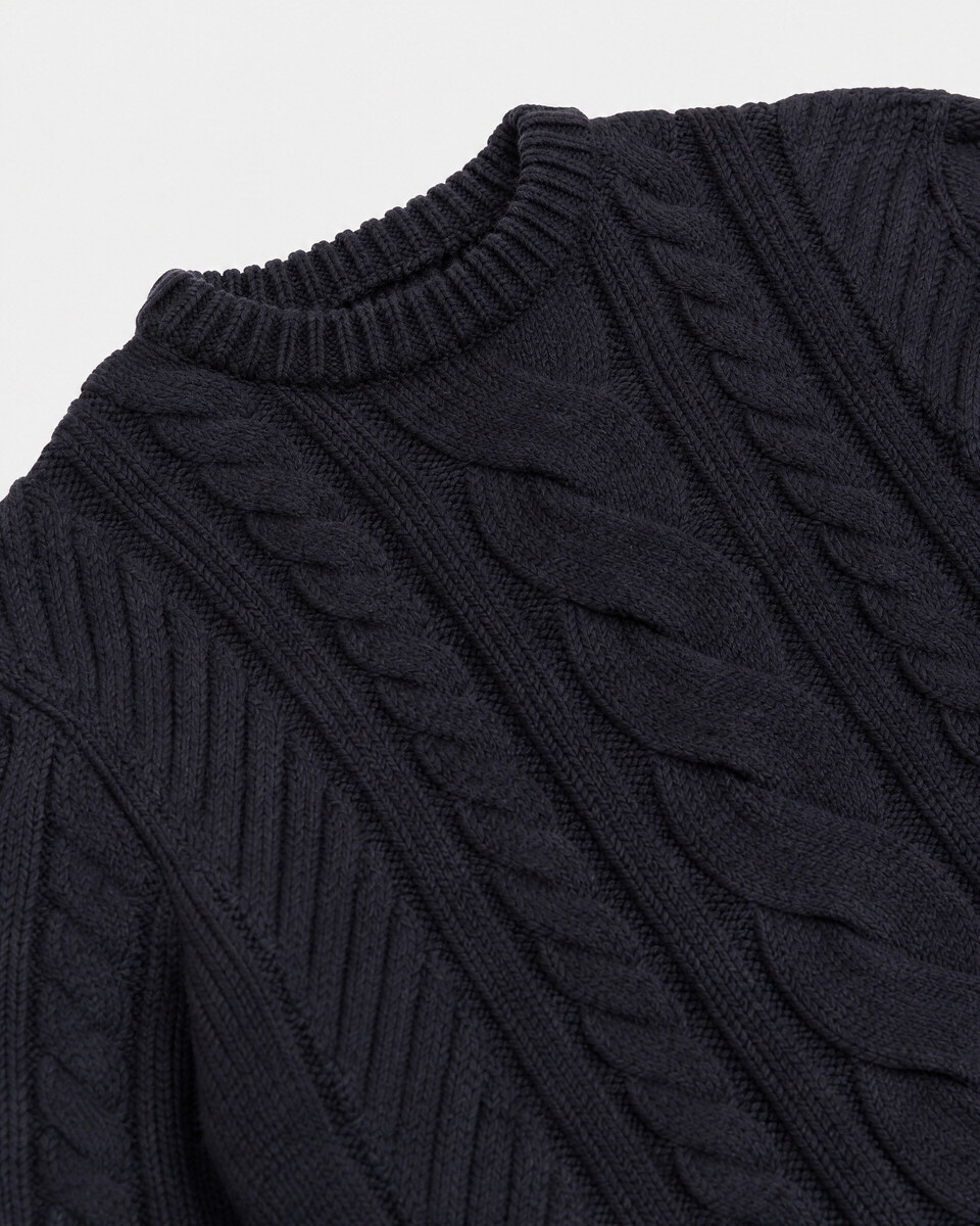 Navy Wool Cable-Knit Crew-Neck Sweater