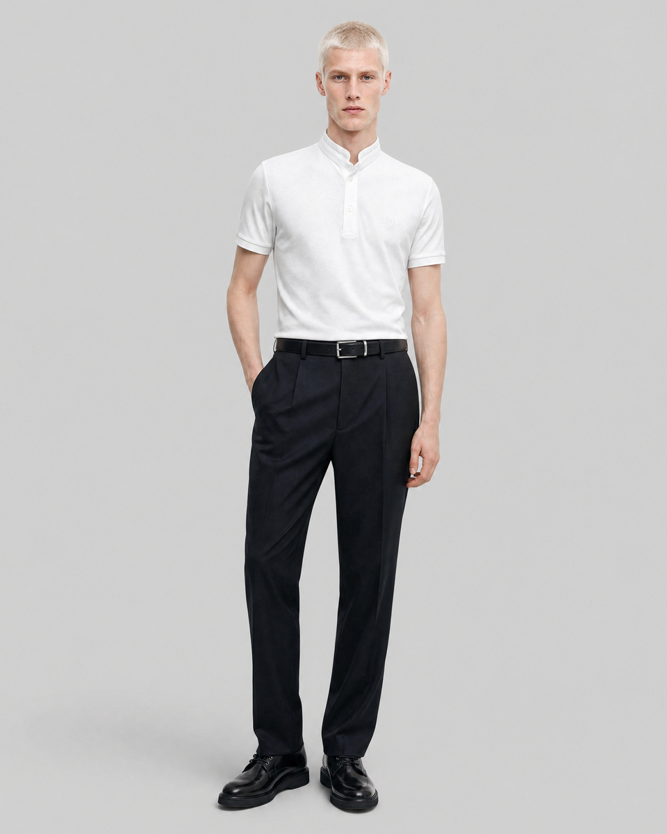 White polo shirt with a stand-up collar