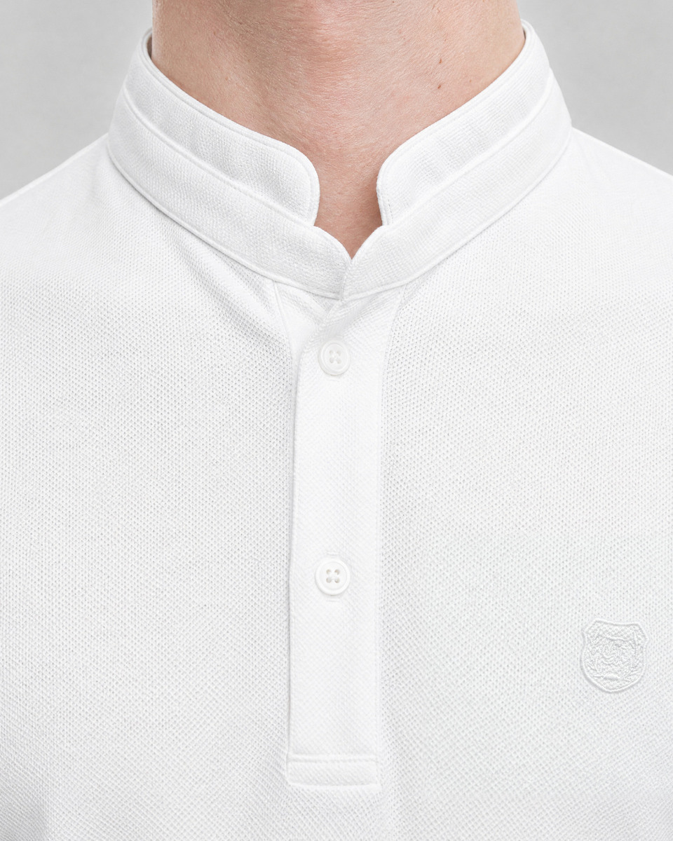 White polo shirt with a stand-up collar