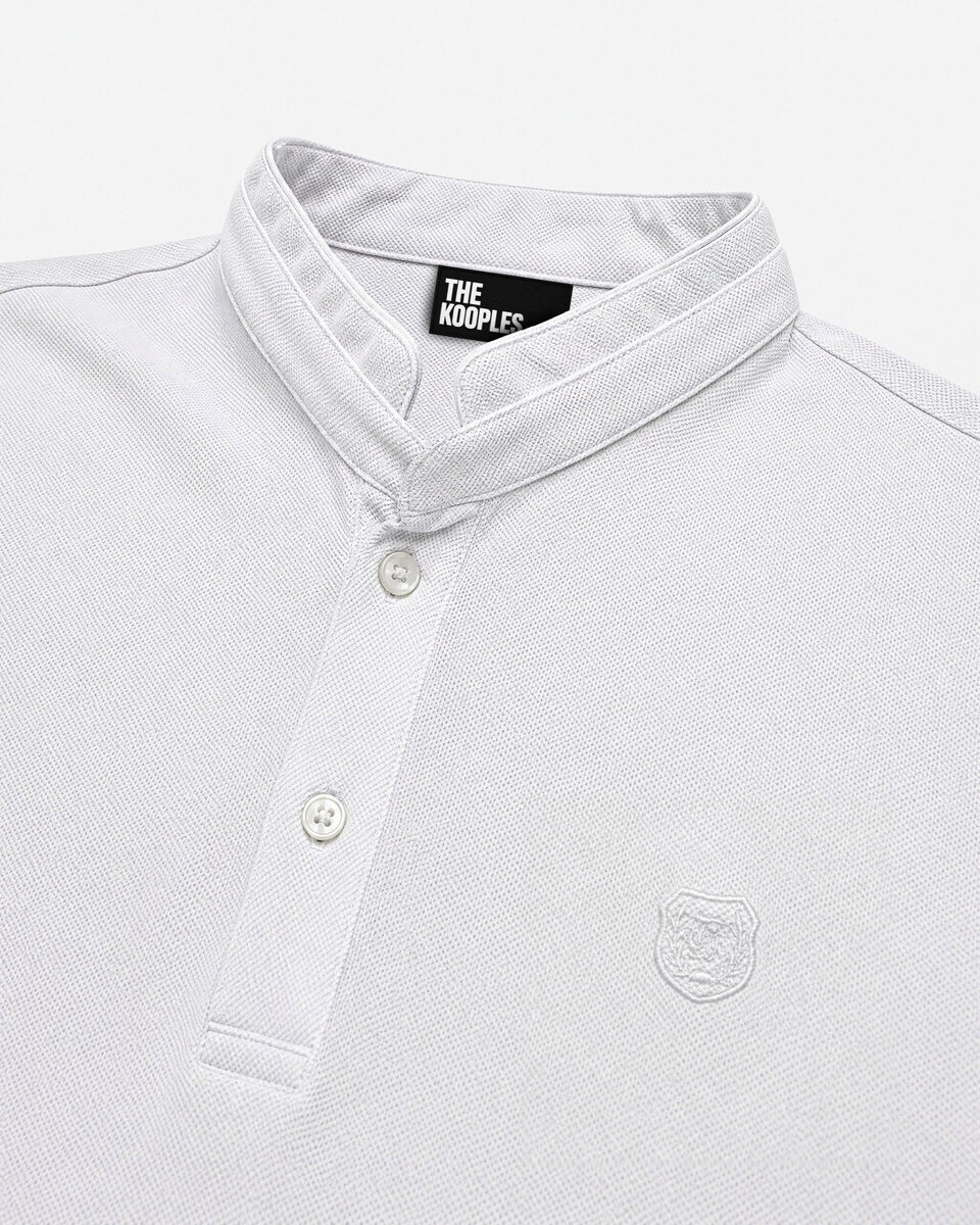 White polo shirt with a stand-up collar