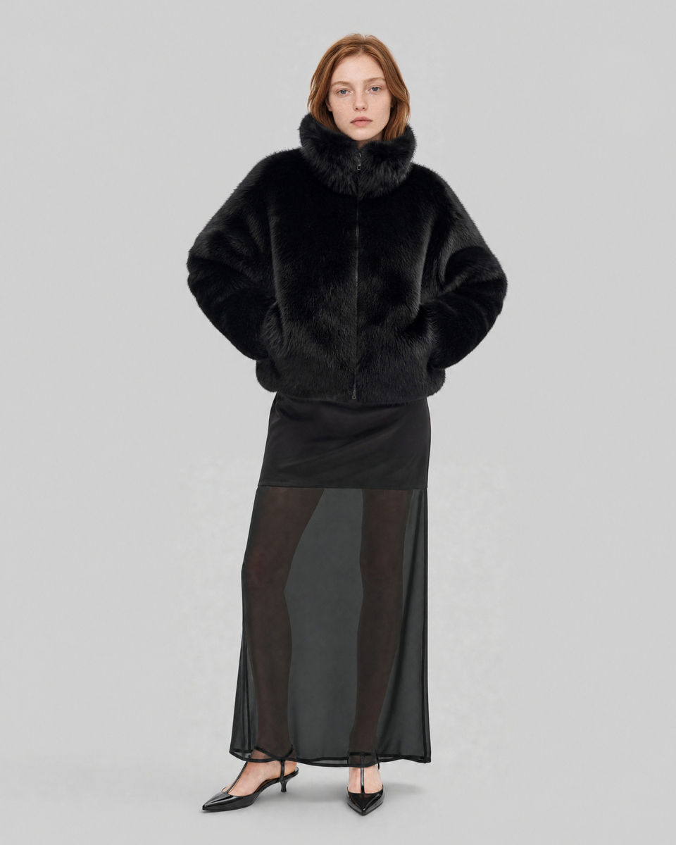 Black faux fur coat with a high collar