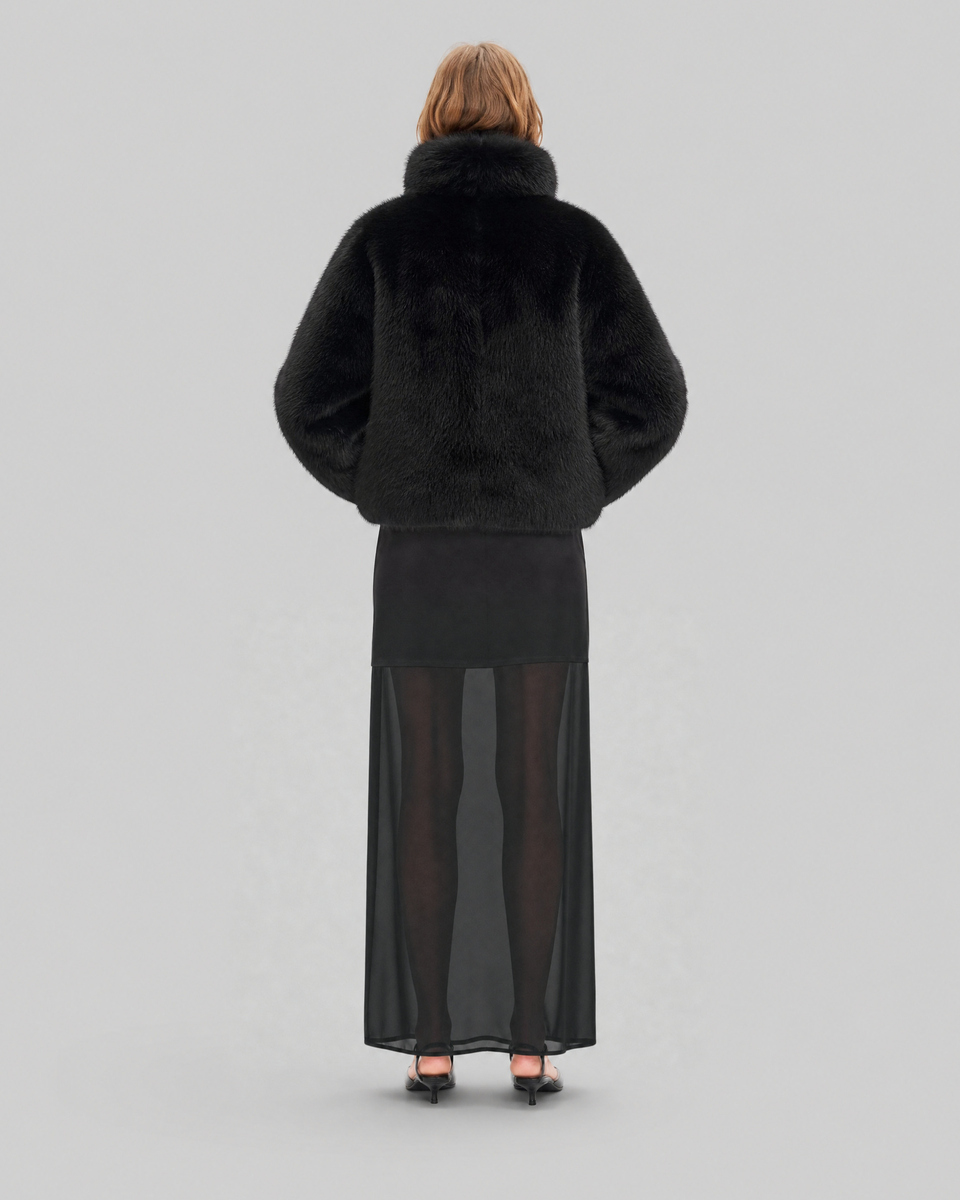 Black faux fur coat with a high collar