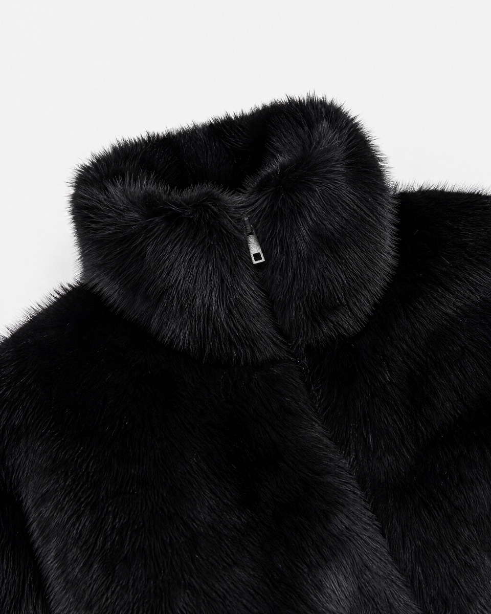 Black faux fur coat with a high collar