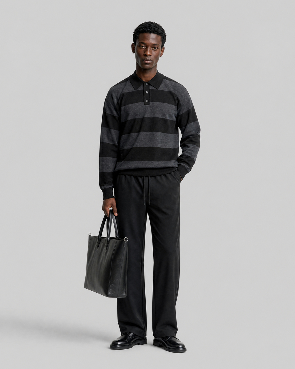 Gray Striped Wool Polo-Neck Sweater
