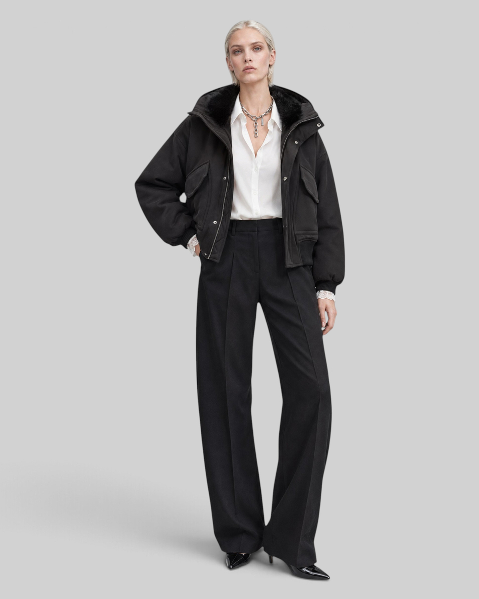 Black zip-up jacket with faux fur collar