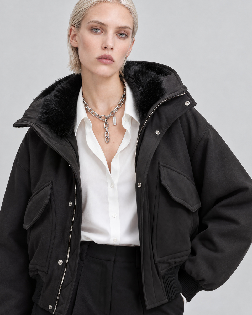 Black zip-up jacket with faux fur collar