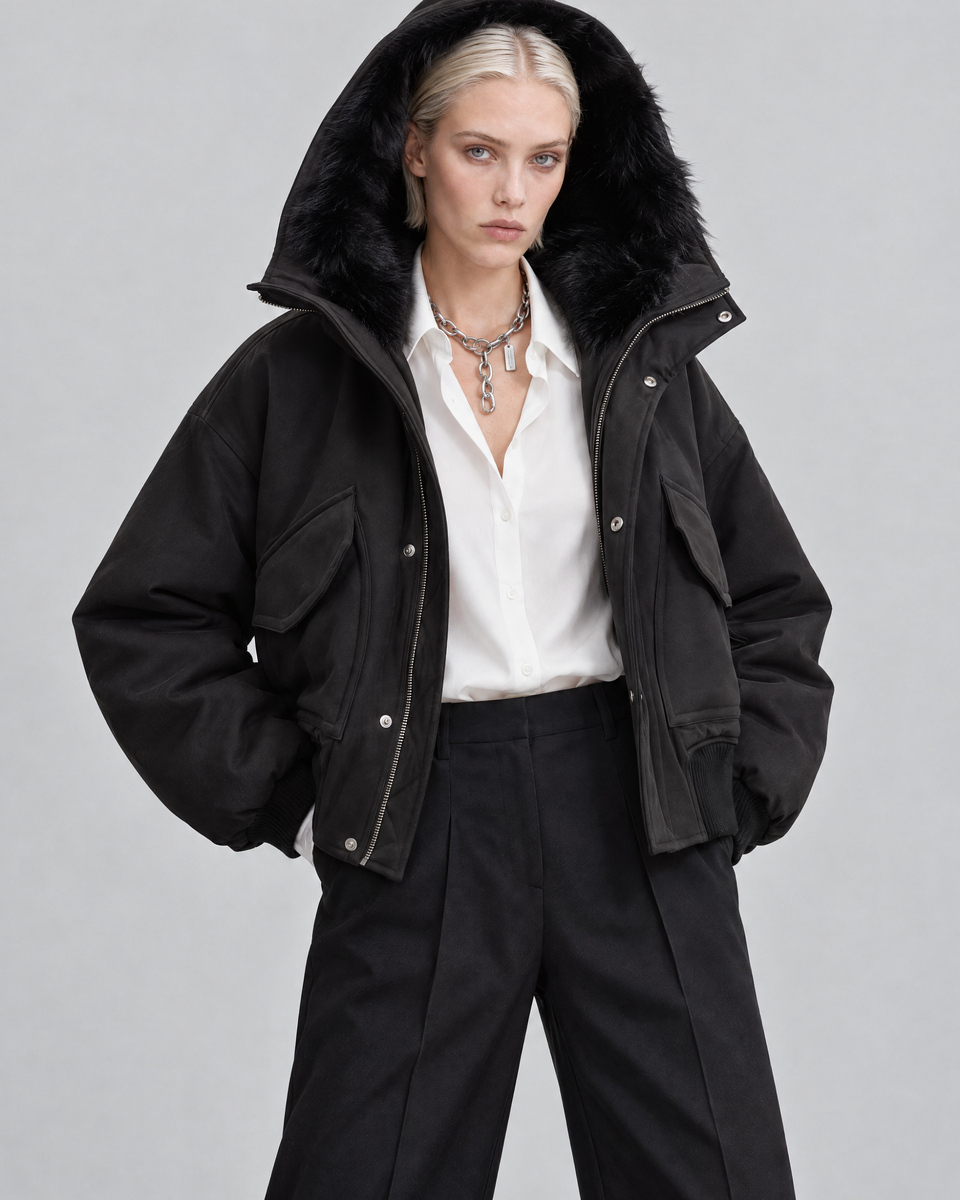 Black zip-up jacket with faux fur collar