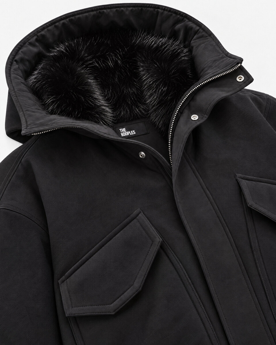 Black zip-up jacket with faux fur collar
