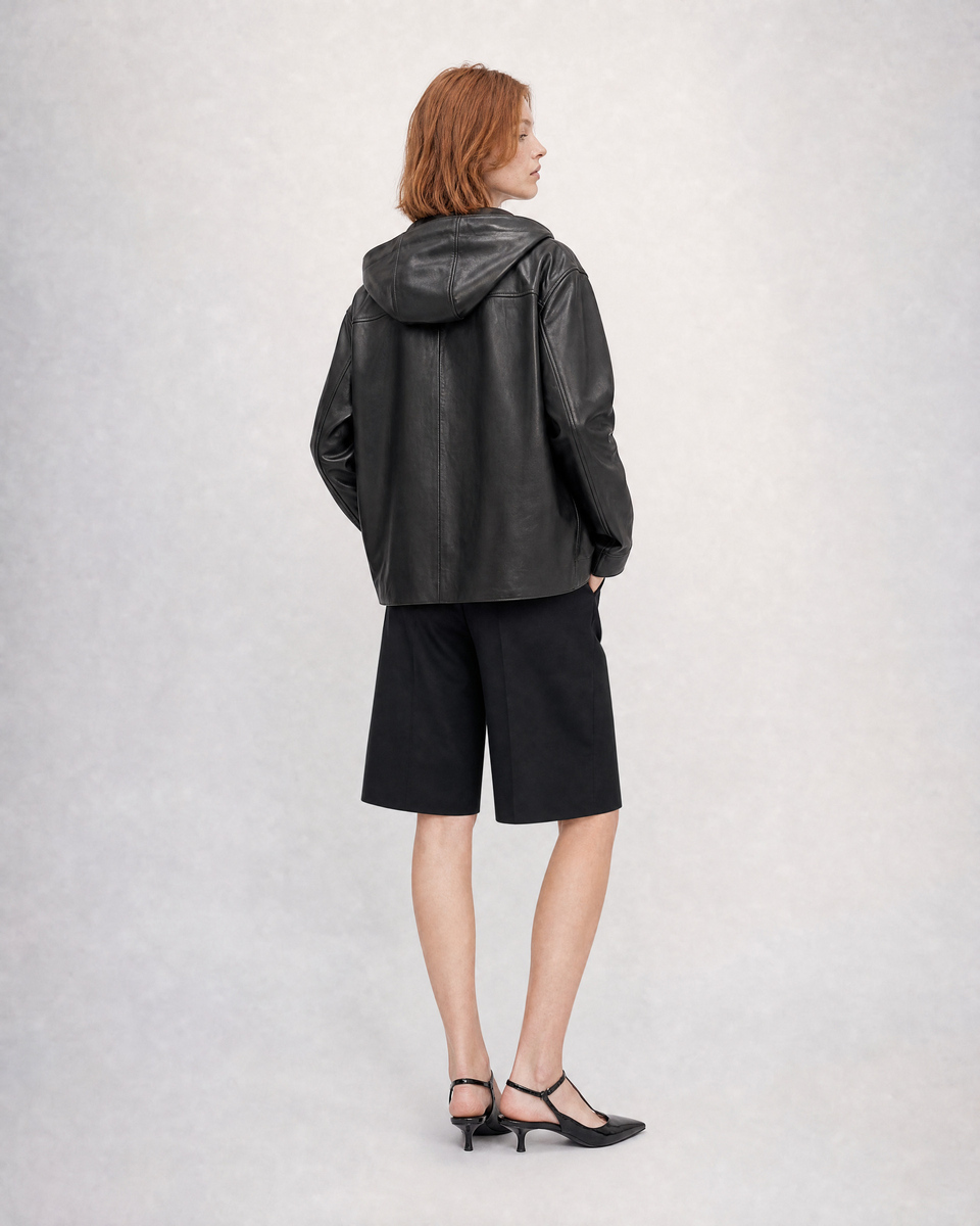 Black hooded leather jacket